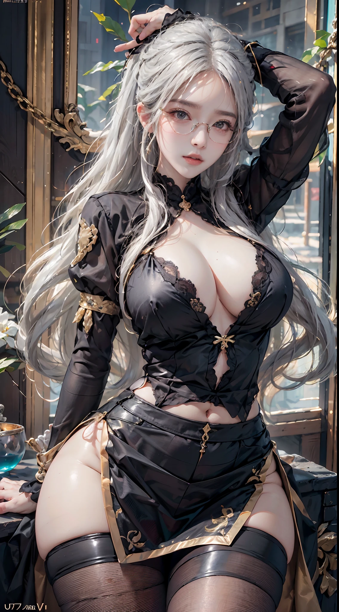 ulzzang-6500-v1.1, (raw photo:1.2), (photorealistic:1.4), beautiful detailed girl, very detailed eyes and face, beautiful detailed eyes, ridiculous, incredibly ridiculous, huge file size, super detailed, high resolution, very detailed, best quality, masterpiece, ((fashion clothing with diverse colors)), illustration, very detailed, CG, unified, 8k wallpaper, amazing, fine detail, masterpiece ,best quality, very detailed CG uniform 8k wallpaper, light on face, movie lighting, 1girl, 25 years old, long white hair, side splits, (big breasts), (no panties)), (glasses), ((dynamic pose))), ((sexy pose))), (camel toe), (half), (pantyhose)), ((black hip skirt))