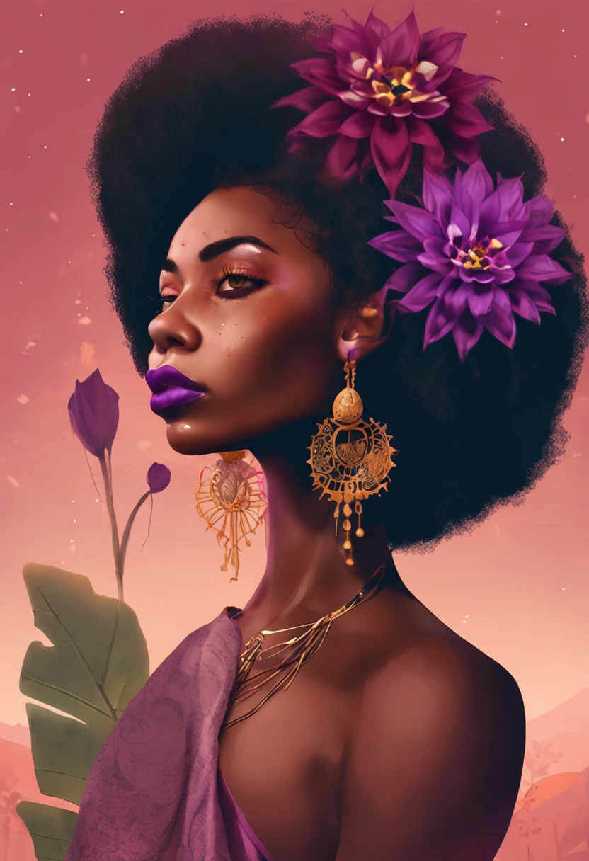 Beautiful bohemian Brown skinned girl with a Afro and a purple lotus in front of her face
