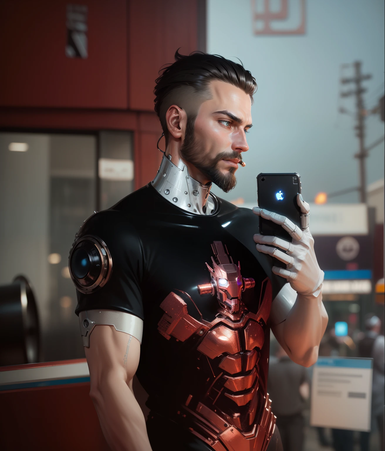 "Close-up of a metallic man, mechanischer people, Roboter-man, consisting of intricate metal pieces, Surrealist man, left hand black iPhone 14 pro max realistic, detailed hyper-realistic man illustration, nspired by Simon Stålenhag, background cyper punk, beard around his mouth, short beard "