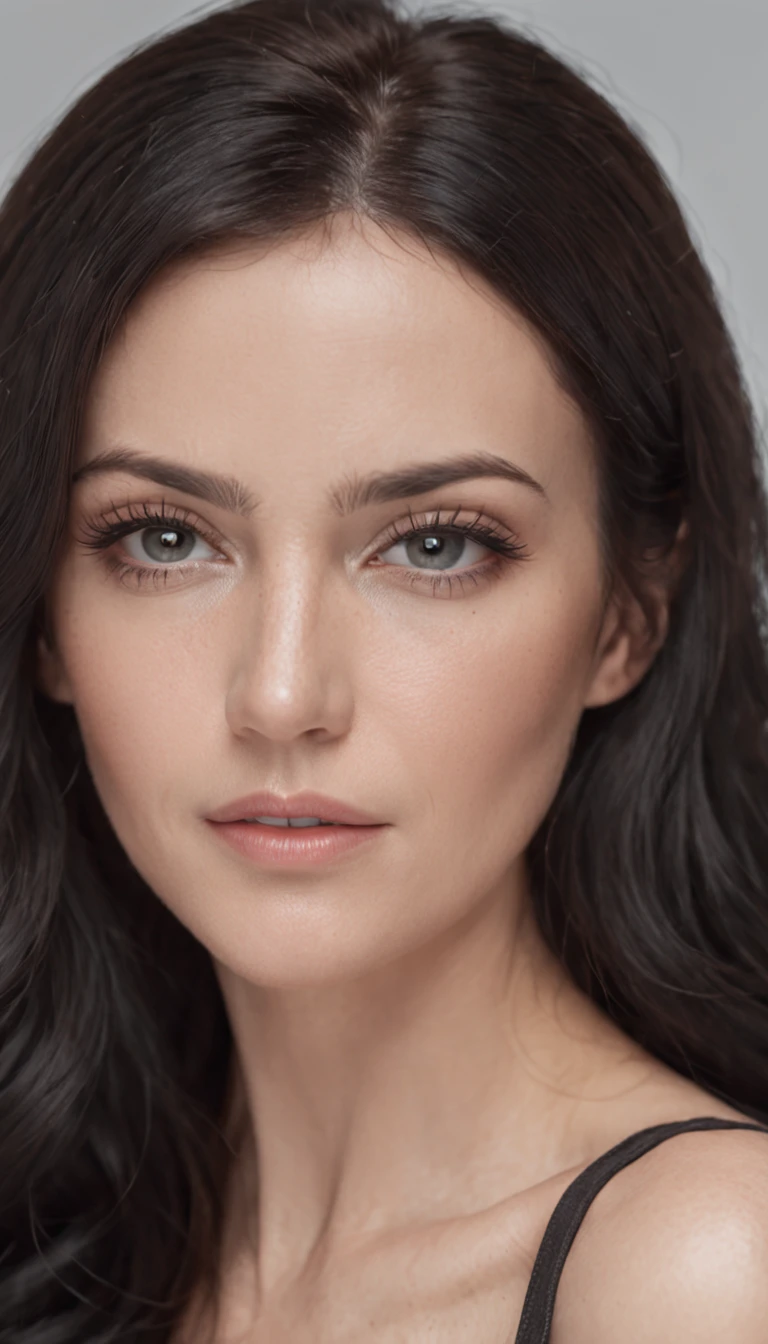 age 40 years, Russian Lady, black medium hair, Realistic photography, black hair of medium length, expressive and bright black eyes, delicate features, freckles, soft, rounded chin. Bright skin in natural tones,,, Business appearance, 1.68 to 1.Height 70 meters, Slim and athletic, Soft curves. business attire, Modern style, sits with a laptop, Formal and sophisticated clothing, perfect eyes, Realistic background