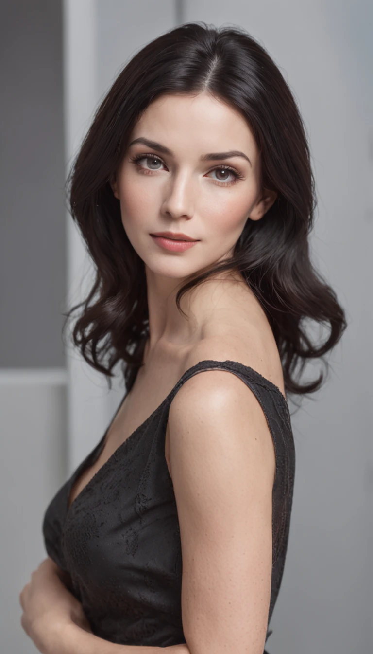 age 40 years, Russian Lady, black medium hair, Realistic photography, black hair of medium length, expressive and bright black eyes, delicate features, freckles, soft, rounded chin. Bright skin in natural tones,,, Business appearance, 1.68 to 1.Height 70 meters, Slim and athletic, Soft curves. business attire, Modern style, sits with a laptop, Formal and sophisticated clothing, perfect eyes, Realistic background