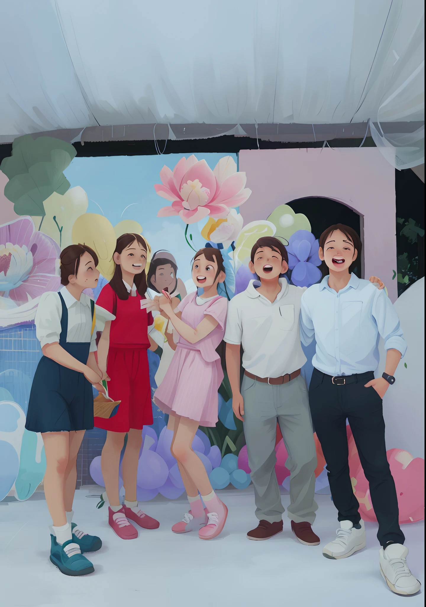 A girl holding flowers, colorful balloons floating in the sky, meadow, dancing, holding flowers, happy, happy, perfect quality, clear focus (clutter-home: 0.8), (masterpiece: 1.2) (Realistic: 1.2) (Bokeh) (Best quality) (Detailed skin: 1.3) (Intricate details) (8K) (Detail Eyes) (Sharp Focus), (Happy)