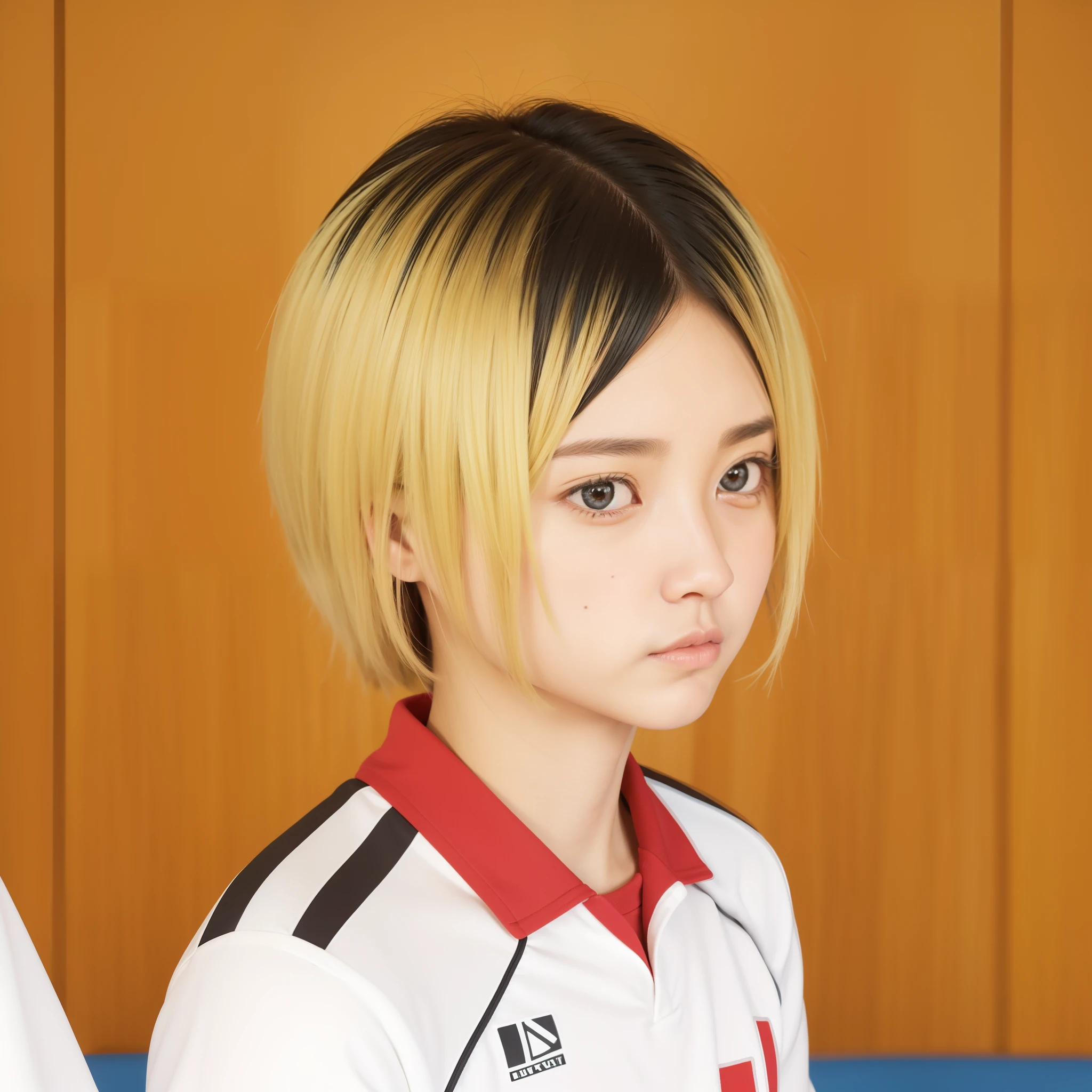 ((fully clothed))high res, masterpiece,Kenma Kozume, ((1boy,)) ((1man)), black_hair (blonde_hair) looking_to_the_side male_focus multicolored_hair,solo sportswear sweat sweatdrop twitter_username tying_hair upper_body volleyball_uniform  yellow_eyes, realistic,ultra details ,detailed background, bright,70mm lens,
