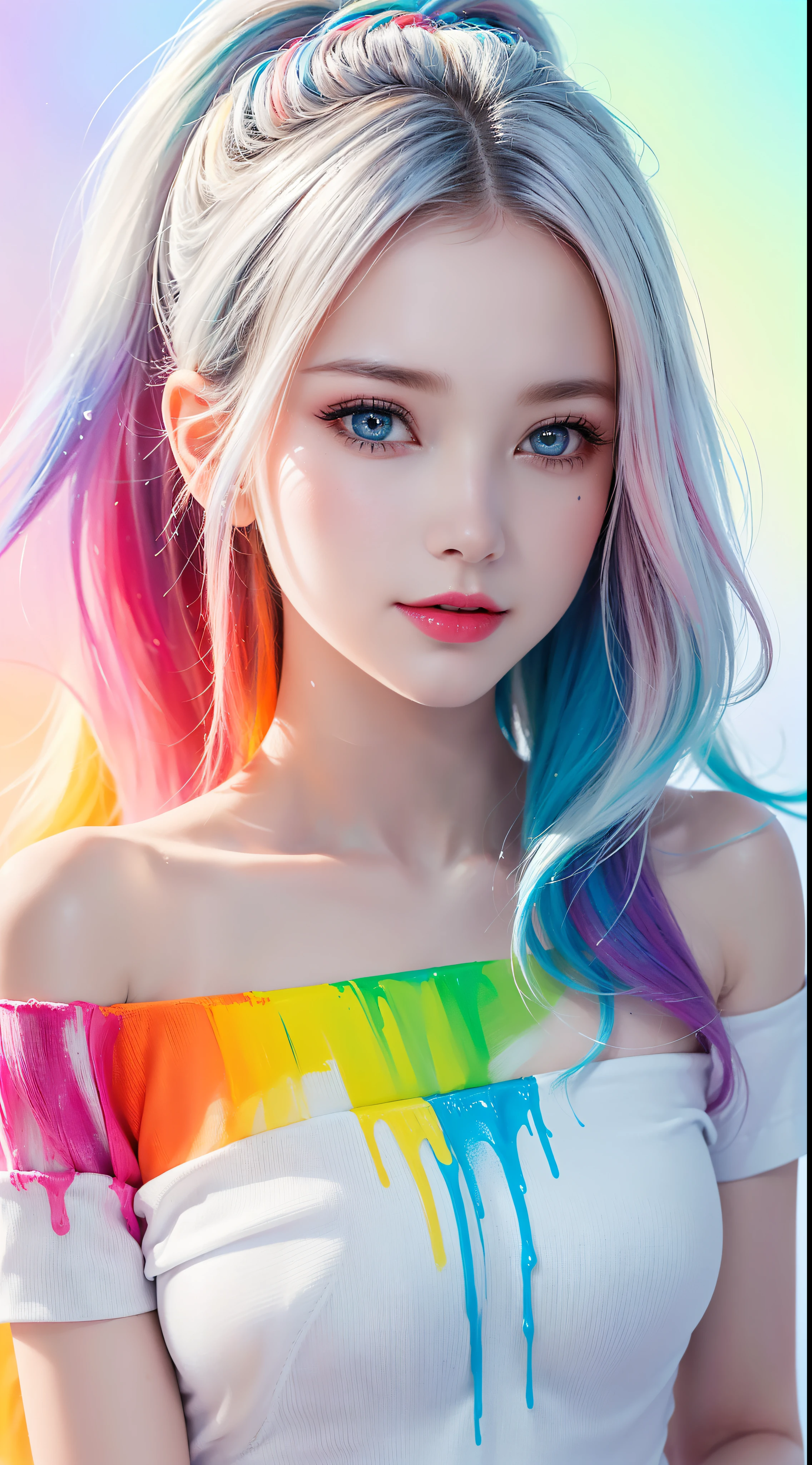 Full body portrait, standing, (colorful fashion ultra-small mini bikini: 1.9), (colorful hair: 1.8), (all colors of the rainbow: 1.8), (vertical: 1.6))), (painting, painting, portrait), cartoon, illustration, painting, large, crystal clear eyes, (rainbow gradient high ponytail: 1.7), exquisite makeup, mouth closed, (small fresh(1.5), (Big: 1.6), long eyelashes, looking at the audience, big watery eyes, (iridescent hair: 1.6), color splash, (solo, :1.8), color splash, color explosion, thick paint style, messy lines, ((sparkling)), (colorful), (colorful), colorful, colorful, chic paint style, (splash) (color splash), vertical painting ,, Paint splash, acrylic pigment, gradient, paint, best quality, best quality, masterpiece, , solo, , depth of field, face paint, colorful clothing, (elegantly: 1.2), gorgeous,long hair, wind, (elegantly: 1.3), (petals: 1.4), (Masterpiece,))))), (Best Quality))), (Ultra detailed))), (Illustration), (Dynamic Angle), ((Floating)), (Paint), (((disheveled hair)), (Solo,), (1 girl), (Detail anima face)))), (Beautiful Detail Face)), Collared, Bare shoulders, White hair, (((Colorful hair)), ((Striped hair)), Beautiful detailed eyes, (Gradient colored eyes), (Colorful eyes)))), ((High Saturation))))) , (((surrounded by colorful splashes))),