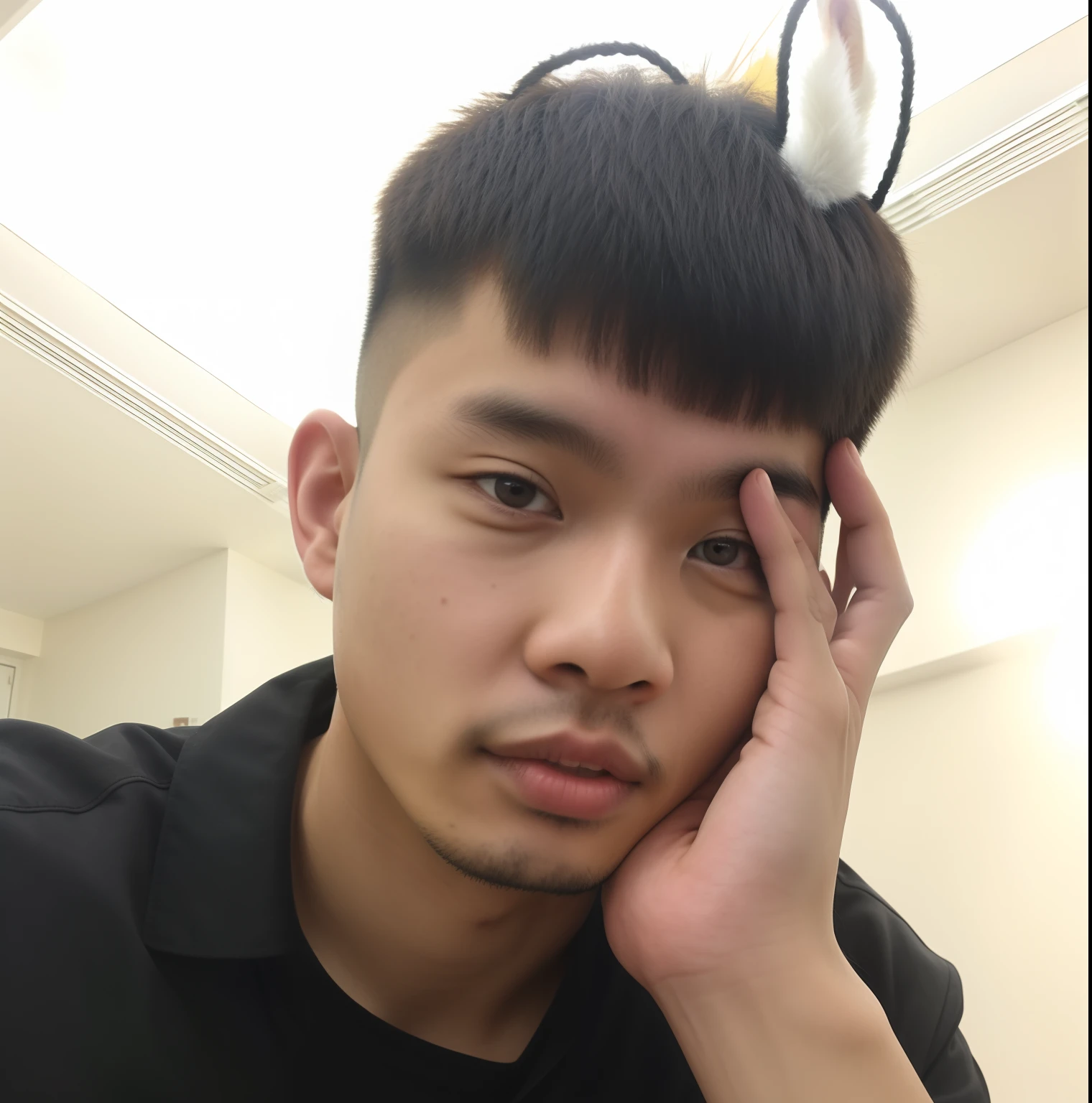 arafed man with a bunny ears on his head, 18 years old, yanjun chengt, 2 2 years old, 21 years old, inspired by Ding Yunpeng, 1 6 years old, 2 3 years old, asian male, xintong chen, south east asian with round face, loong, 2 7 years old, phong shaded