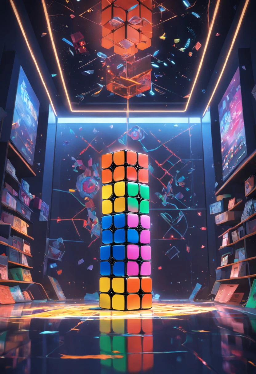 Concept art of a Rubik's Cube, bela atmosfera realista, ambiente, circunstanciado, Realistic, arte conceitual, Motor Unreal 5, estrutura, scientific fiction, ray tracing, .cgi, visuais perfeitos, The lighting, liso, filme, Reflections of screen space, Ambient occlusion, Cenas, esthetic, florescer, Sombras, perfeitamente desenhado, Texturas, cinemactic, bordas afiadas, Efeito HDR, Liquidificador 3D, biblioteca de ativos, Art Station, realismo, retrofuturismo, Anos 90, 80s, efeito vintage, vaporwave, Onda de frio, fechar para cima, floors are checkers tiles, Synthwave, Retro wave,