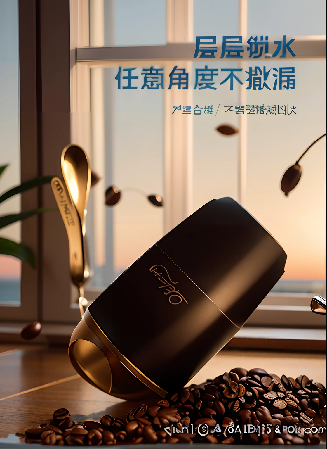 There is a poster,There is a coffee cup and a spoon on it, author:GUO Chun, Wang Chen, ProductAdvertisements, jia, Official product image, Official product photo, author:CHEN Chun, author:Liao Zhichun, author:Li Meishu, Product photo, commercial product photography, 45mm, 4 5 mm, product image, Handsome,Floor-to-ceiling windows in the background,Outside the window is the ocean at dusk,photorealisti