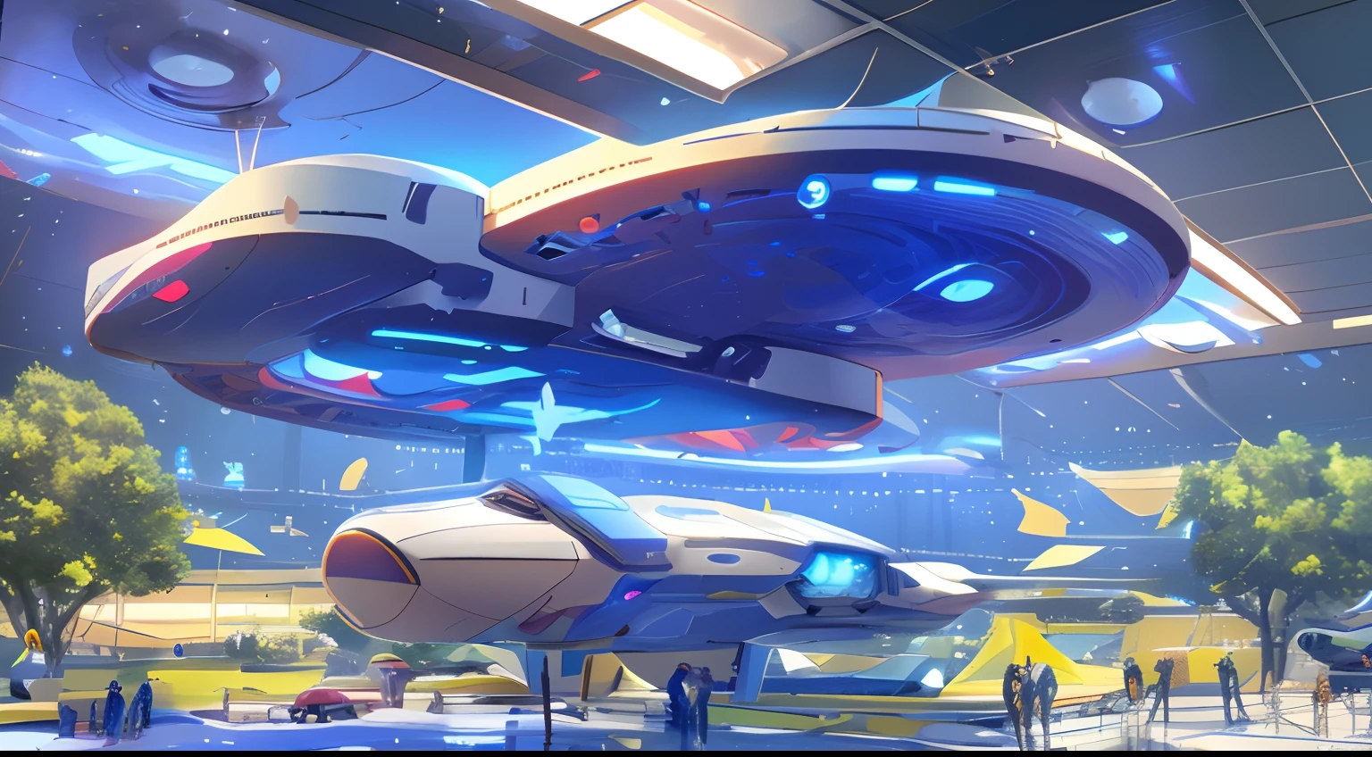 (the Extremely Detailed CG Unity 8K Wallpapers), (masterpiece), (Best Quality), (Ultra-detailed), (Best Illustration), (Best Shadow), Super high resolution, 3dcharacter, super wide panorama view, inside docking bay of science fiction, (3 large spaceships parked), (5 small spaceships), (one space ship about to leave), maintenance job, sparks, bright illumination, colorful illumination, many monitors, kaytee1602 standing very far by the space ship