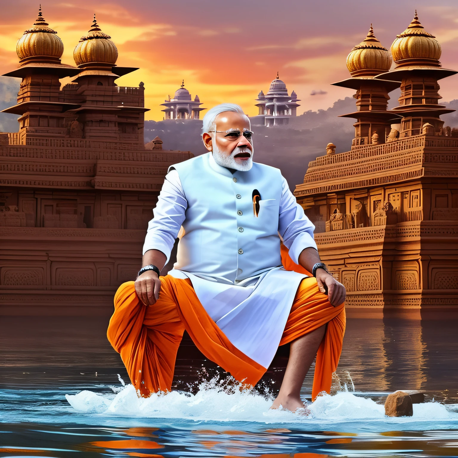 8k High revolution ultra detailed,narendra modi,big hair , orange dhoti,prey of God, sitting, temple,a river, narendra modi as an Indian
