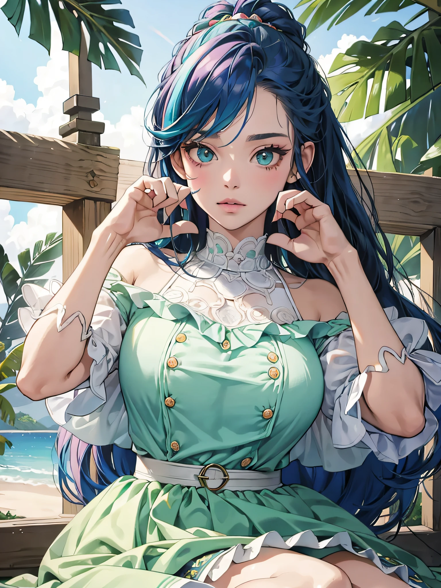 hiper-realista, high res 8k, uma mulher sedutora, olhos azuis extremamente realistas, rainbow hair, rosto bonito, dedos com texturas realistas, vestido branco transparente, seios grandes, quadril grande, oppai, melhor qualidade, apartment scenario, dedos natural.