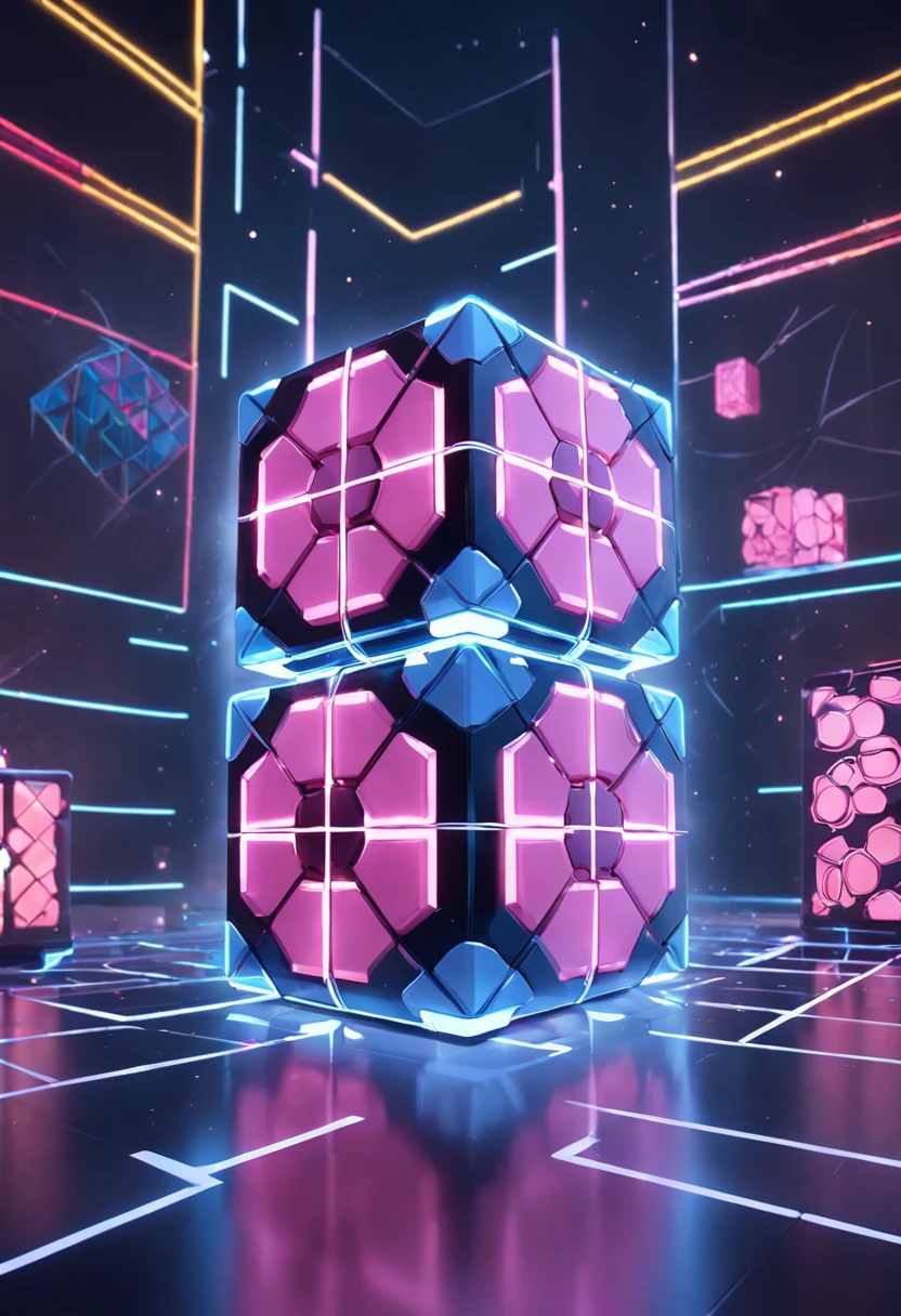 Concept art of a neon Rubik's Cube, efeitos neon na bela atmosfera realista, ambiente, circunstanciado, Realistic, arte conceitual, Motor Unreal 5, estrutura, scientific fiction, ray tracing, .cgi, visuais perfeitos, The lighting, liso, filme, Reflections of screen space, Ambient occlusion, Cenas, esthetic, florescer, Sombras, perfeitamente desenhado, Texturas, cinemactic, bordas afiadas, Efeito HDR, Liquidificador 3D, biblioteca de ativos, Art Station, realismo, retrofuturismo, Anos 90, 80s, efeito vintage, vaporwave, Onda de frio, fechar para cima, floors are checkers tiles, Synthwave, Retro wave,