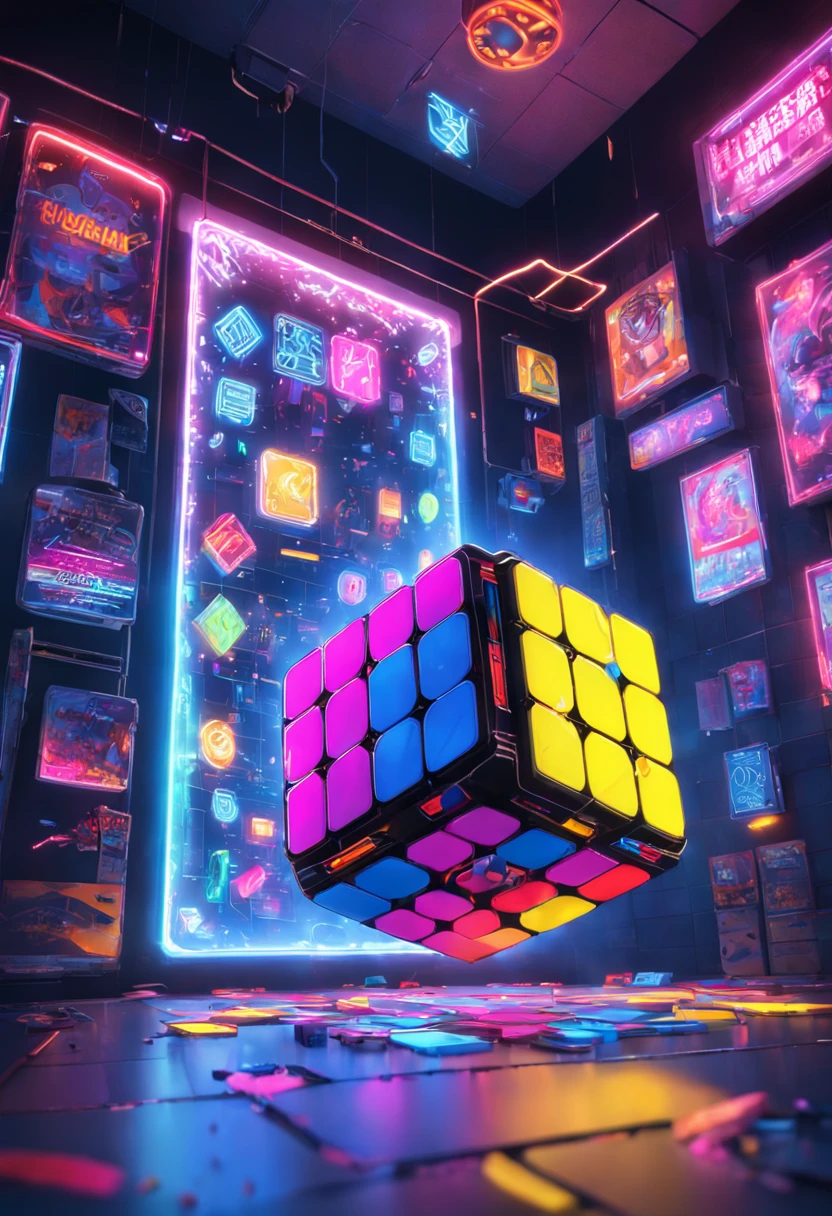 Concept art of a neon Rubik's Cube, efeitos neon na bela atmosfera realista, ambiente, circunstanciado, Realistic, arte conceitual, Motor Unreal 5, estrutura, scientific fiction, ray tracing, .cgi, visuais perfeitos, The lighting, liso, filme, Reflections of screen space, Ambient occlusion, Cenas, esthetic, florescer, Sombras, perfeitamente desenhado, Texturas, cinemactic, bordas afiadas, Efeito HDR, Liquidificador 3D, biblioteca de ativos, Art Station, realismo, retrofuturismo, Anos 90, 80s, efeito vintage, vaporwave, Onda de frio, fechar para cima, floors are checkers tiles, Synthwave, Retro wave,