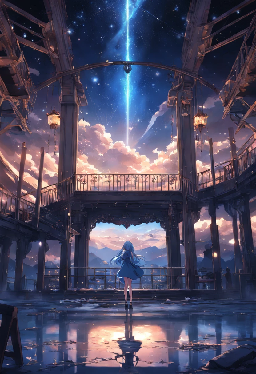 Vista distante、Paisagens、Outrageous resolution、The top half is empty、Below is the floor、luminoso、fantasia、clearing blue sky、Muitas estrelas brilhantes々、beautiful  lighting、clear lighting、soft lighting、Many bright magic lights、Stars are falling from the sky, Abandoned search facility