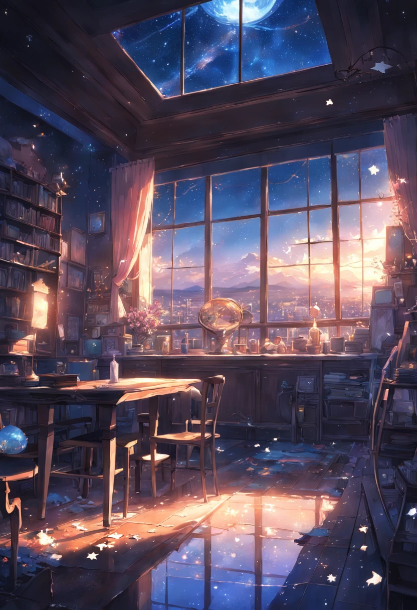 Vista distante、Paisagens、Outrageous resolution、The top half is empty、Below is the floor、luminoso、fantasia、clearing blue sky、Muitas estrelas brilhantes々、beautiful  lighting、clear lighting、soft lighting、Many bright magic lights、Stars are falling from the sky, Abandoned search facility