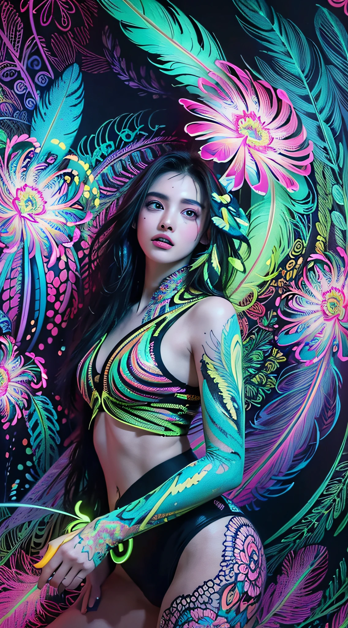 ((best quality)), ((masterpiece)), (detailed), perfect face 3 Naked woman dynamic pose, (masterpiece, top quality, best quality, official art, beautiful and aesthetic:1.2), (3 Women:1.3), extremely detailed,(fractal art:1.1),(colorful:1.1)(flowers:1.3),highest detailed,(zentangle neon:1.2), (dynamic pose), (abstract background neon:1.3), (shiny skin), (many colors:1.4), ,(earrings), (feathers:1.5) , (Flamethrower:1.3),red background,Phoenix dress,Neon,full HD