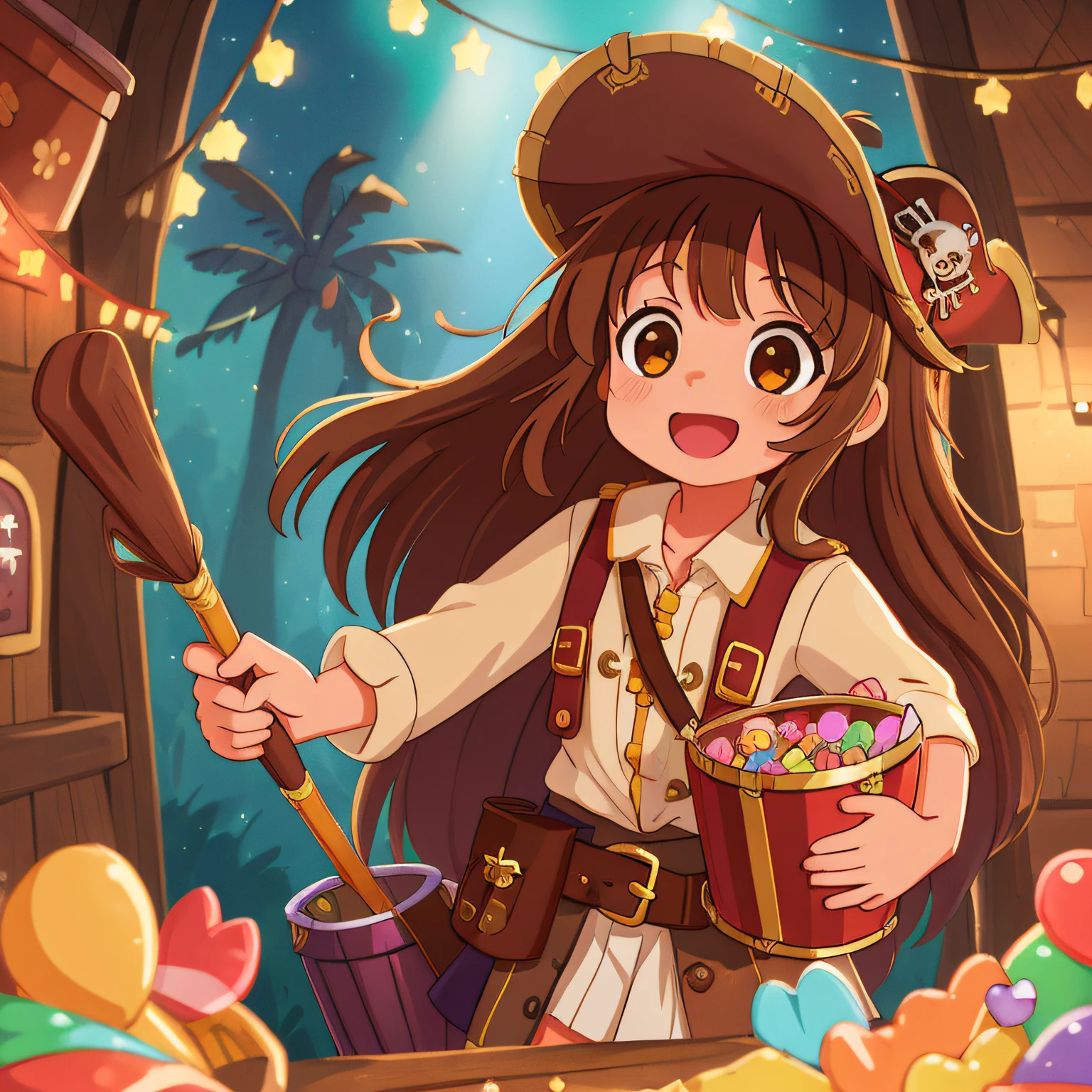 (best quality, high quality:1.3), CG, dramatic lighting, highly detailed, Bokeh, Lily, long brown hair, cute 10 year old girl dressed in daring pirate costume, happily celebrating, holding bucket of candy