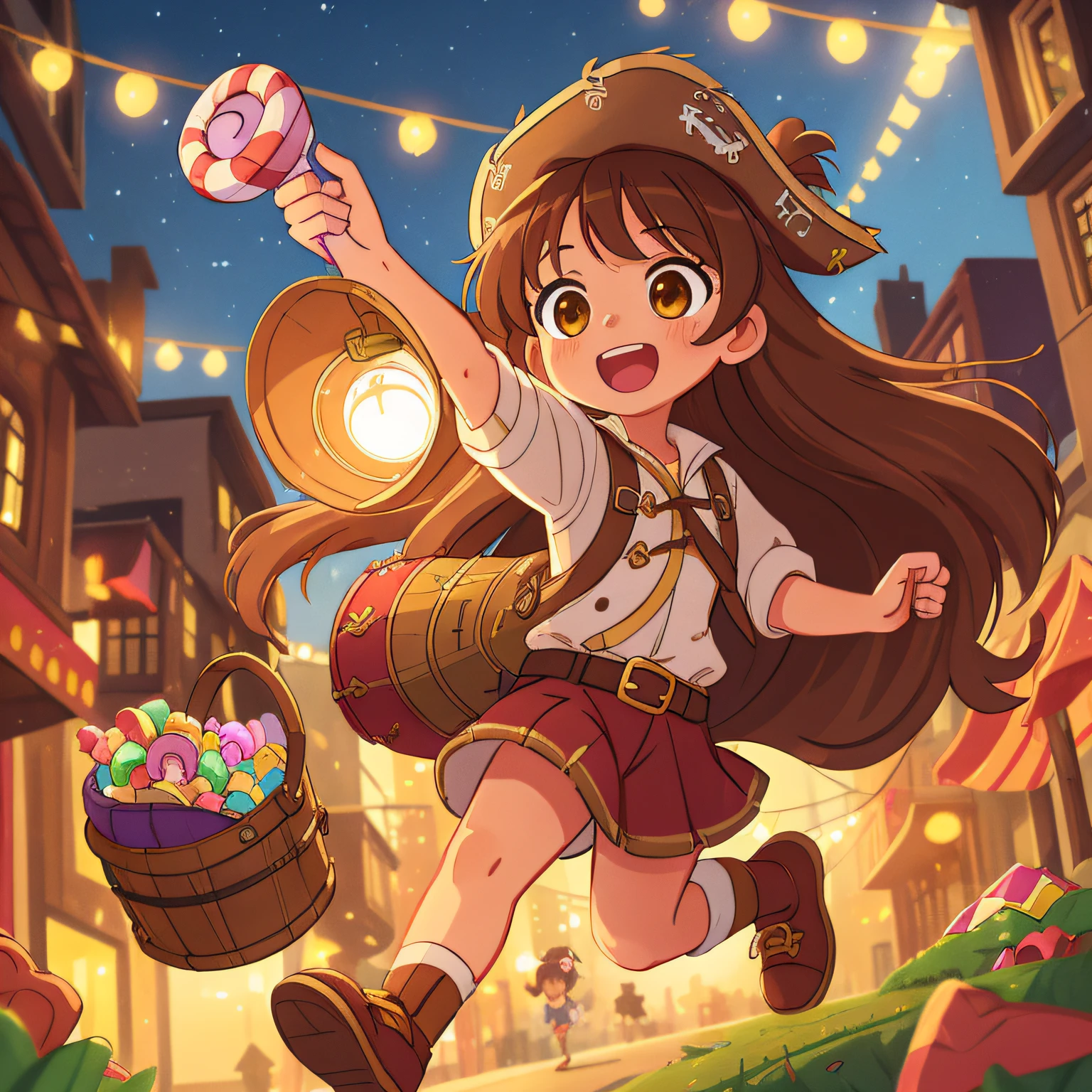 (best quality, high quality:1.3), CG, dramatic lighting, highly detailed, Bokeh, Lily, long brown hair, cute  girl dressed in daring pirate costume, running happily through the city streets, holding a bucket of candy