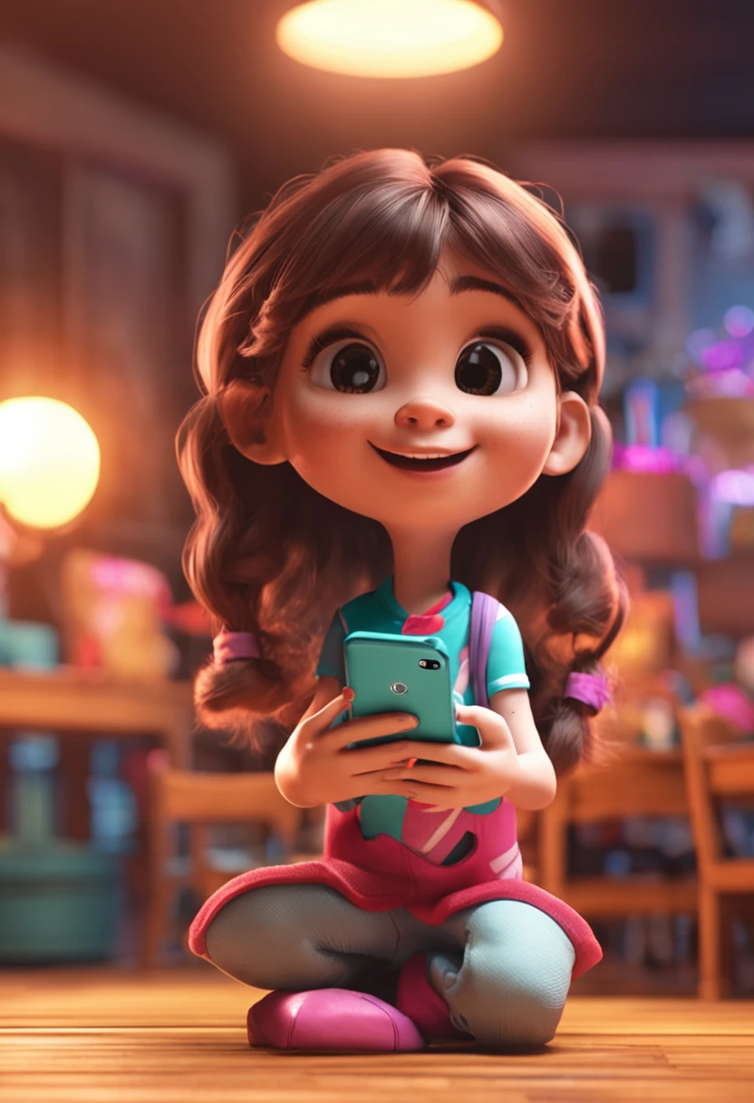 Create a 3d pixar animation, a young beautiful chibi girl holding a smartphone and showing an OK sign
