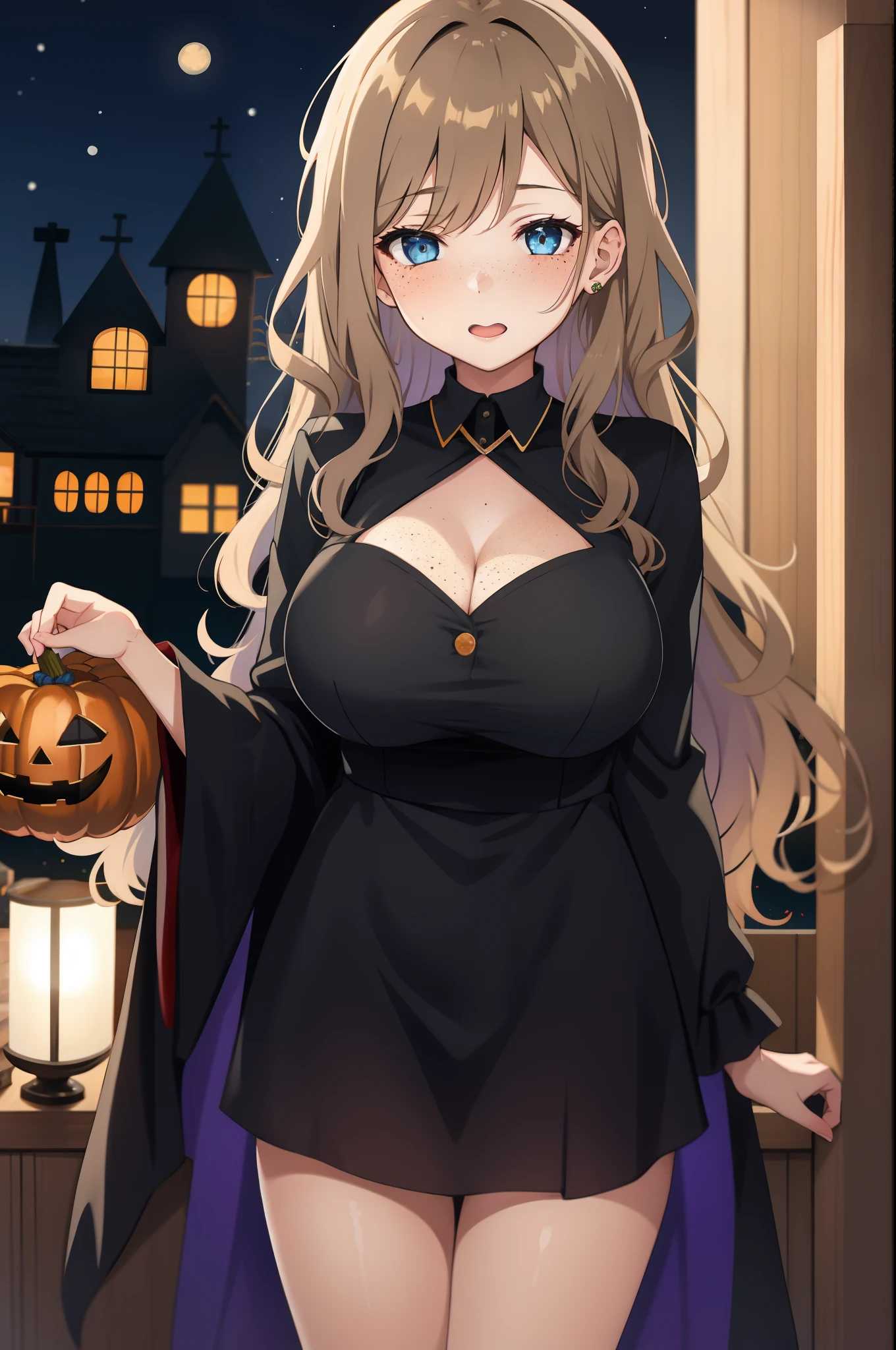 one girl, long hair, light brown hair, wavy hair, blue eyes, freckles, big breasts, shy, blush, halloween costume, standing, night city