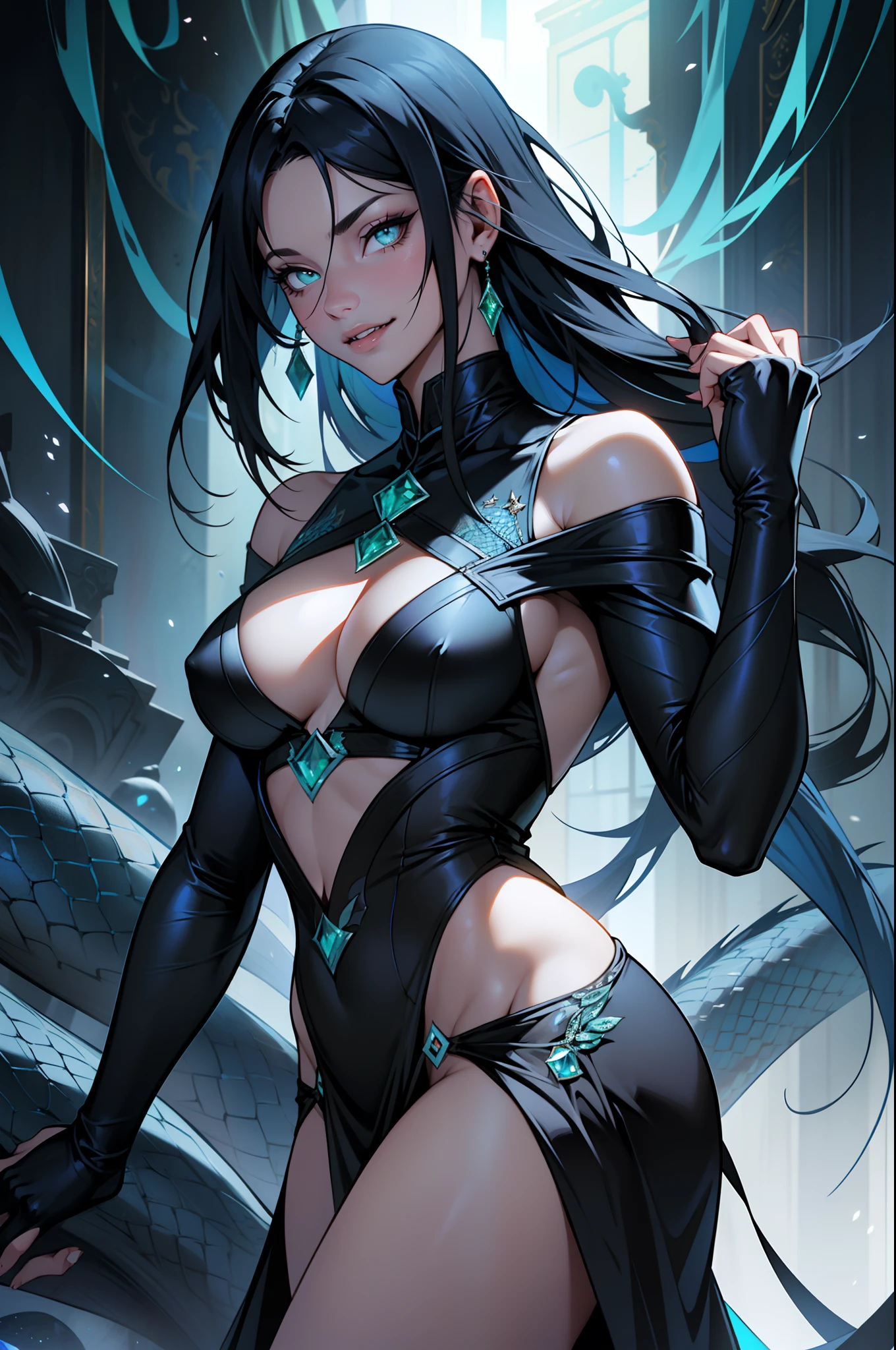Valdis, the Tempting Serpent, possesses a mesmerizing and mature allure. Her long, flowing black hair cascades gracefully around her face and shoulders, framing features that hold an enigmatic charm. Her eyes, a captivating emerald green, draw attention with their serpentine irises—shades of blue with delicate yellow accents near the pupils—that seem to hold the secrets of the abyss.
With a complexion that radiates an alluring paleness, Valdis's lips part to reveal a hint of danger in the form of concealed venomous fangs. Her seductive smile, a mixture of fascination and peril, reflects her complex nature. She dons a revealing dress that emphasizes her figure, the fabric adorned with iridescent scales akin to a serpent's skin. Her movements are a symphony of grace, and her long hair occasionally brushes against her exposed skin, enhancing her mystique.
