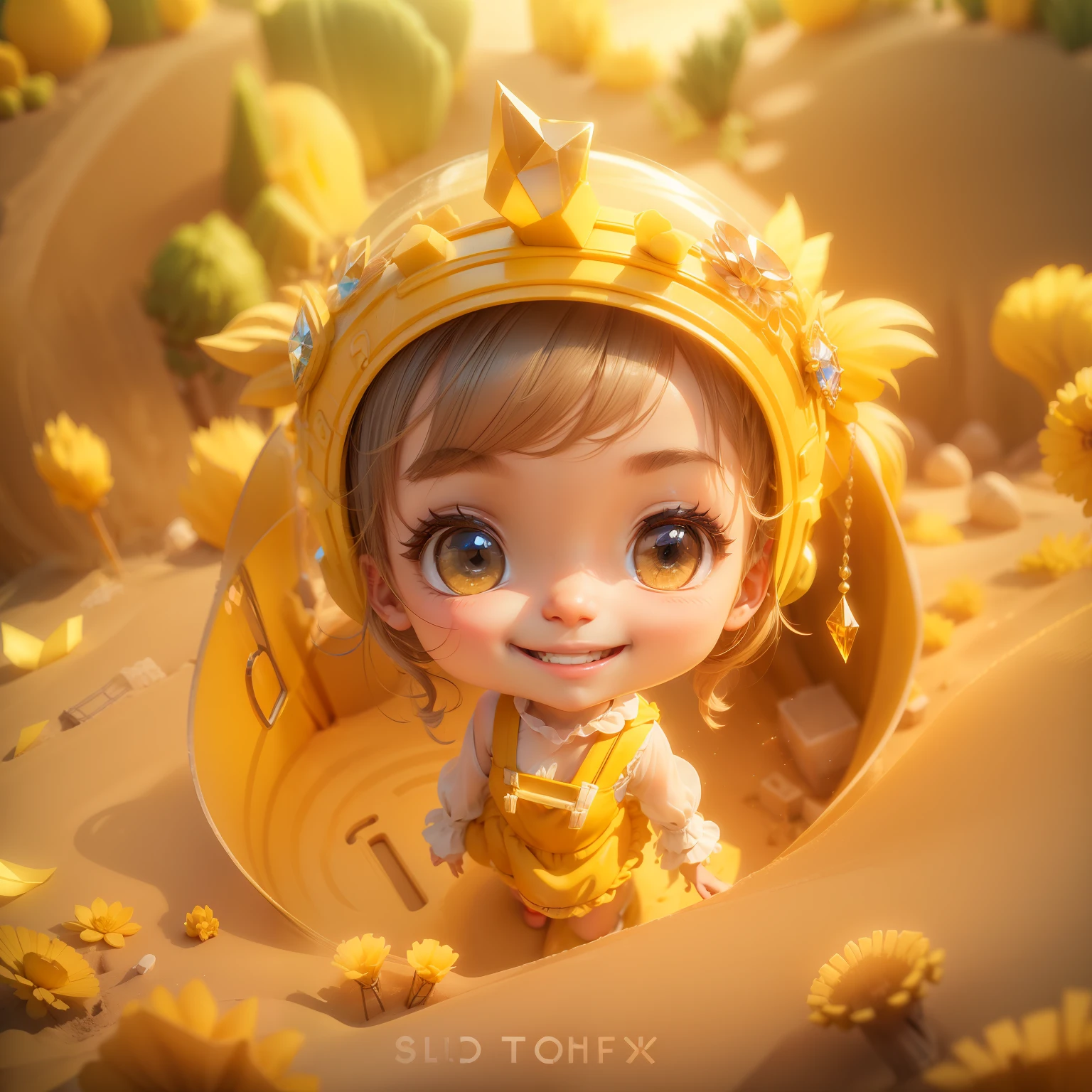 (sandbox:1.4),in a panoramic view，Solo, full body Esbian，tchibi，Cute  girl, Wearing a yellow dress，a panoramic view，Delicate headgear，ssmile，Rococo style，Glass material，crystal material，ighly detailed, cinematic lighting effect，8K，tmasterpiece，offcial art　a smile　piece