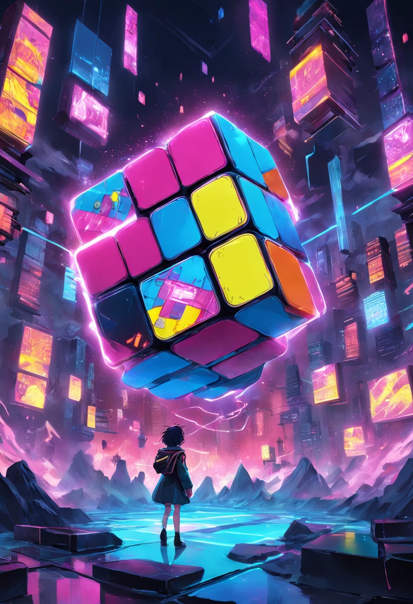 Concept art of a neon Rubik's Cube, efeitos neon na bela atmosfera, arte conceitual, ray tracing, visuais perfeitos, Efeito HDR, Liquidificador 3D, biblioteca de ativos, Art Station, realismo, retrofuturismo