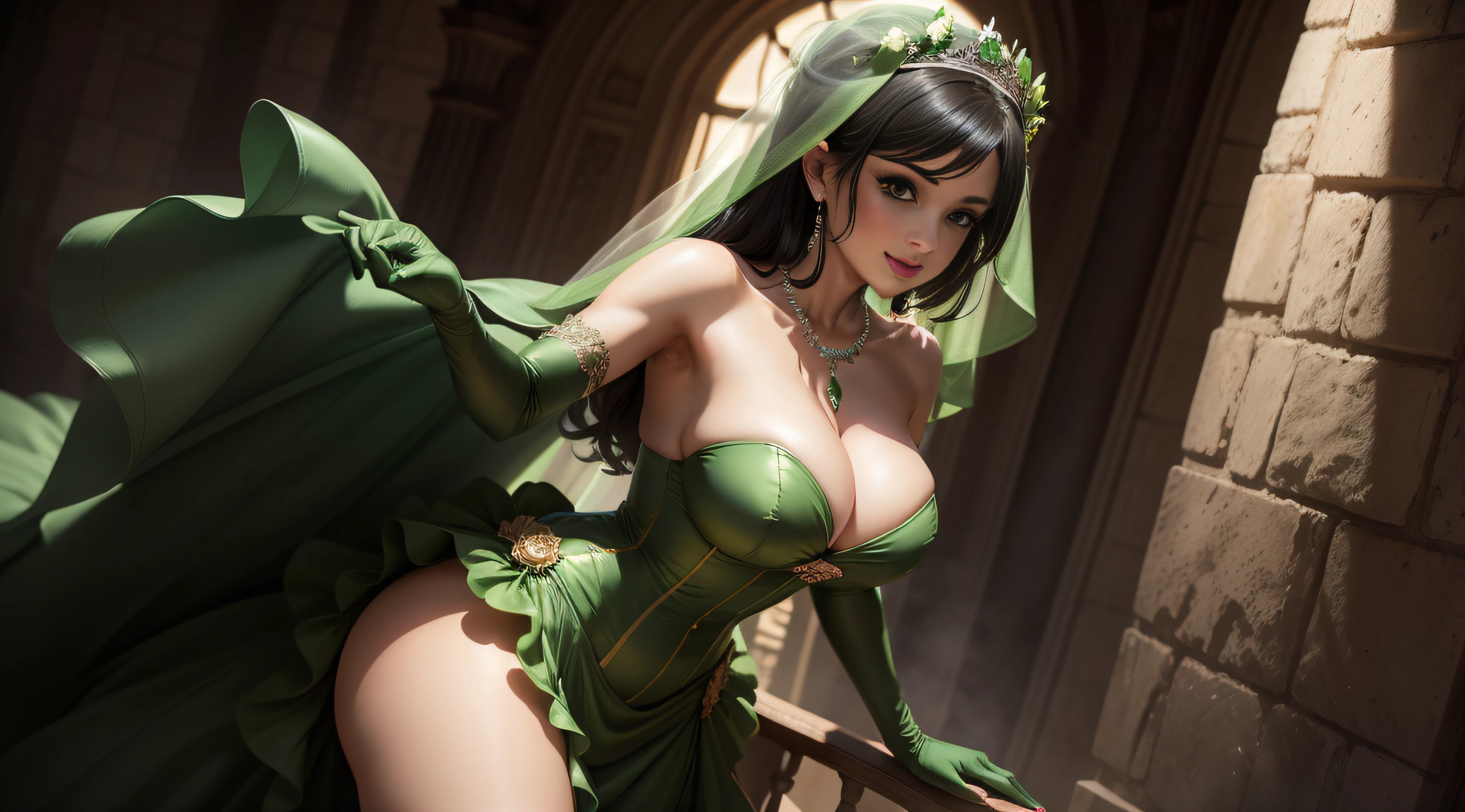 bride,Sense of atmosphere, best qualtiy,tmasterpiece,1girll,30-years old,Green dress,chies,full body Esbian, Green gloves,With short black hair,big breasts beautiful,looking at viewert,ssmile,Green Bridal Veil,Green Long Grove,Satin green long gloves, lipsticks, Green Pearl Necklace