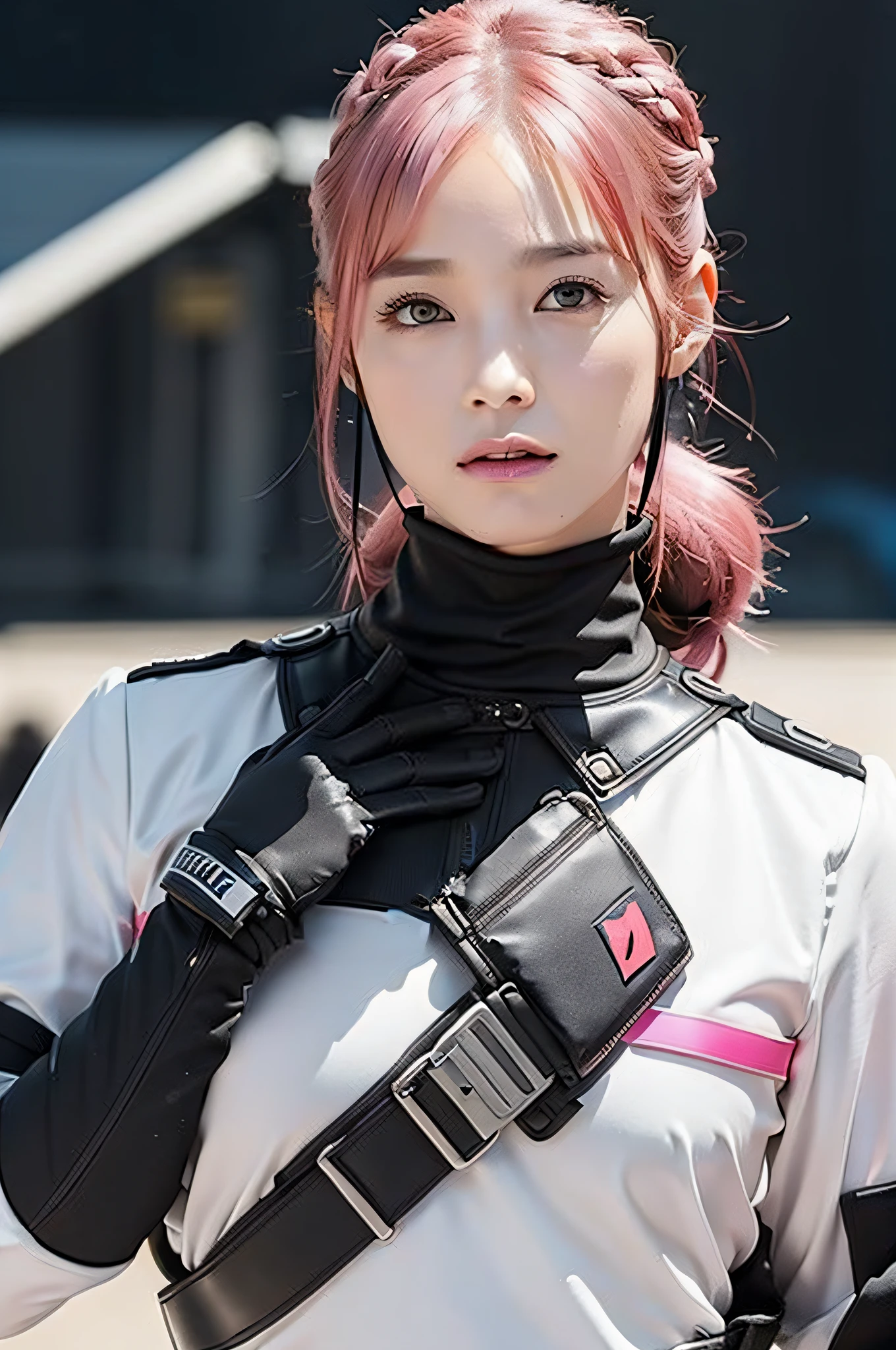 Close up face, half body, 18 year old girl, wearing Tank-top samurai girl, crop top, tech wear jacket, tactical baggy pant, backpack, katana, samurais, 1 girl, solo, half body view, perfect face, yellow hair, pink hair, wearing vr headset, Vr samurai, vr glasses, white and orange techwear, techwear japan, hyper realistic, film grain