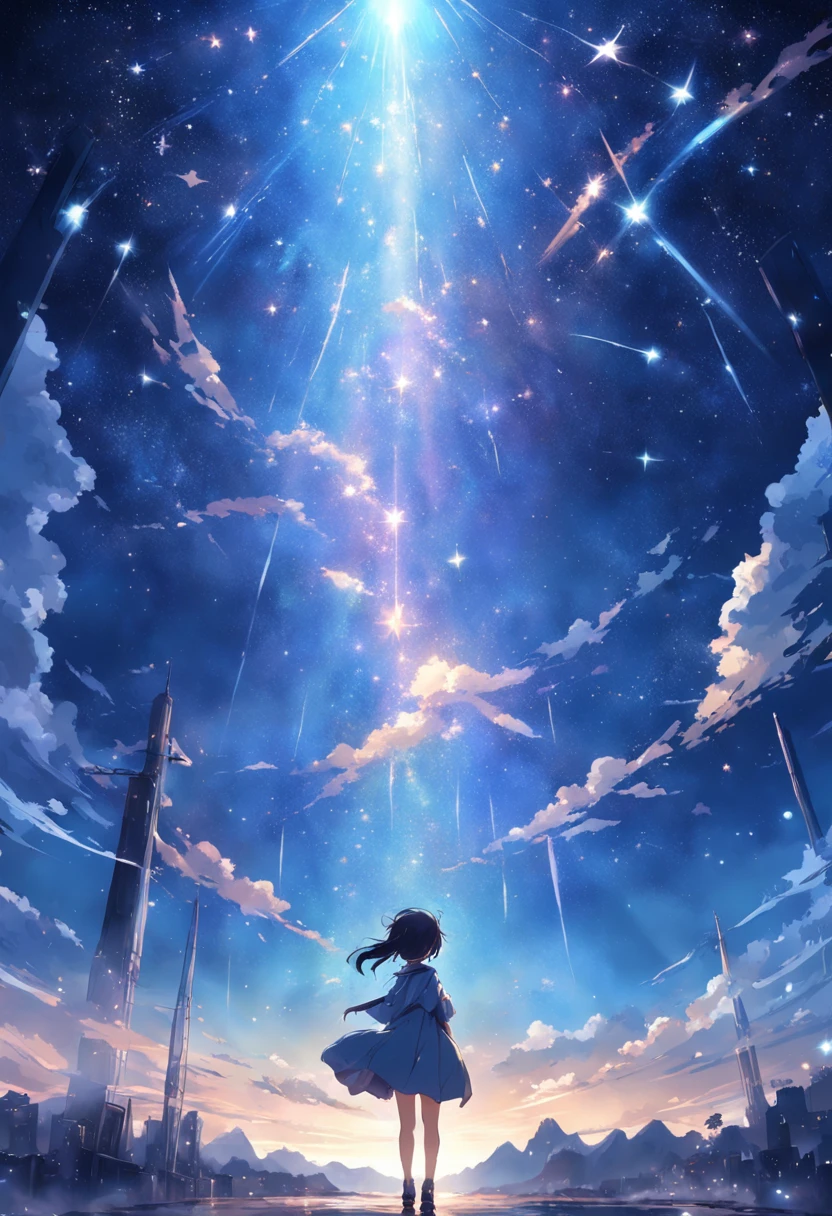 Vista distante、Paisagens、Outrageous resolution、luminoso、fantasia、clearing blue sky、Muitas estrelas brilhantes々、beautiful  lighting、clear lighting、soft lighting、Many bright magic lights、Stars are falling from the sky