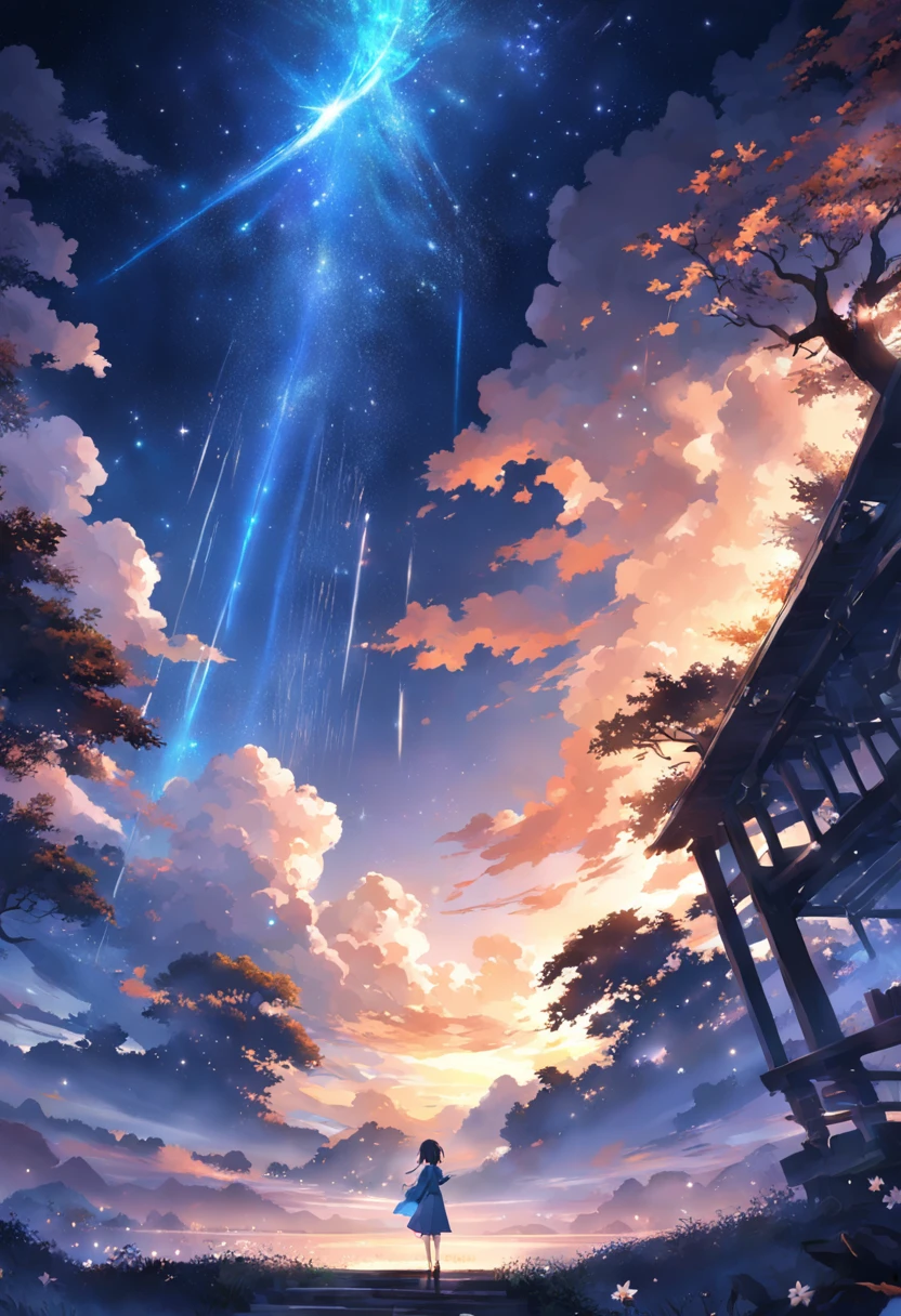 Vista distante、Paisagens、Outrageous resolution、luminoso、fantasia、clearing blue sky、Muitas estrelas brilhantes々、beautiful lighting、clear lighting、soft lighting、Many bright magic lights、Stars are falling from the sky