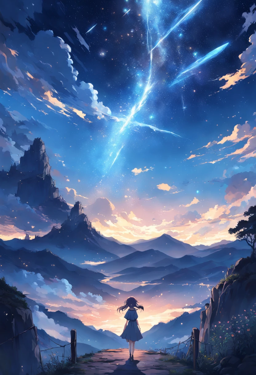 Vista distante、Paisagens、Outrageous resolution、luminoso、fantasia、clearing blue sky、Muitas estrelas brilhantes々、beautiful lighting、clear lighting、soft lighting、Many bright magic lights、Stars are falling from the sky