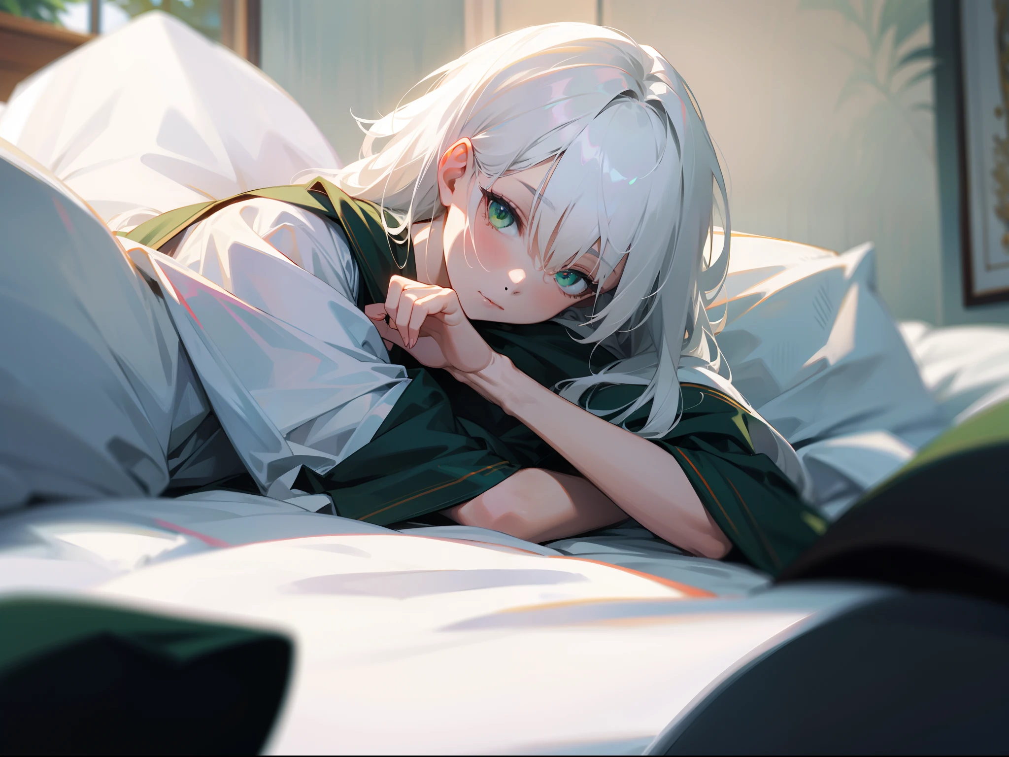 1girl,look at viewer,crying,sit on user,bottom view,hand wipe the tears falling from cheeks,in the bedroom,dark,night,wearing pyjama,short hair,white hair,green eyes,mature