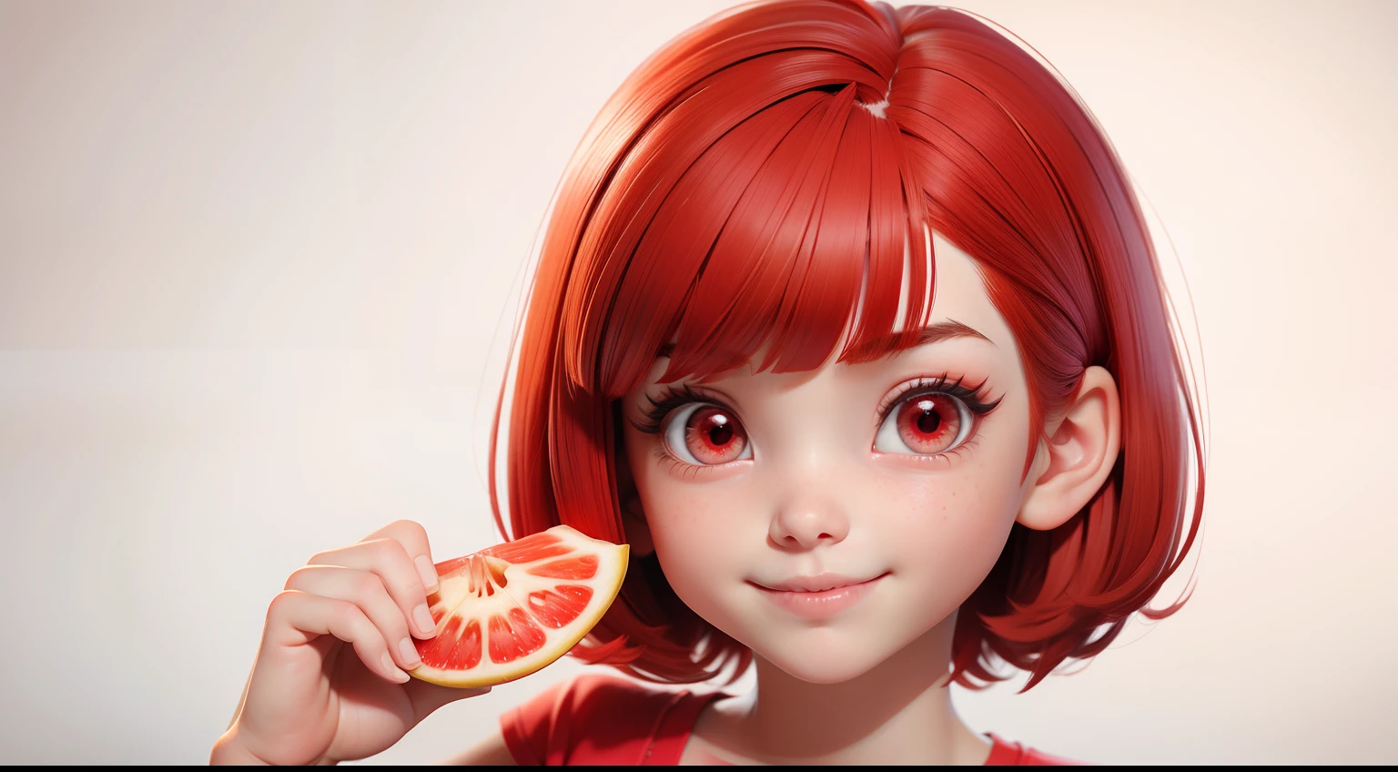  with red hair red eyes beautiful face,short hair with bangs wearing red clothes a red t-shirt ,happy face,peeling a banana fruit,white background,style of a Disney Pixar cartoon