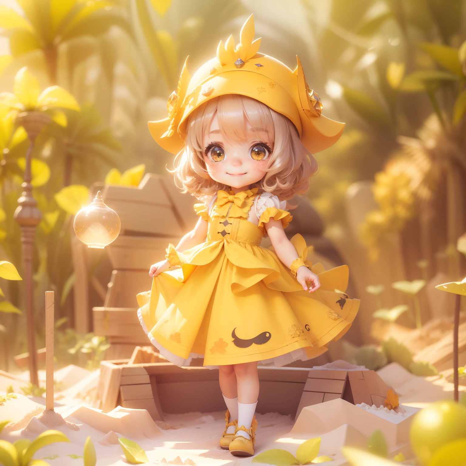 (sandbox:1.4),in a panoramic view，Solo, full body Esbian，tchibi，Cute little girl, Wearing a yellow dress，a panoramic view，Delicate headgear，ssmile，Rococo style，Glass material，crystal material，ighly detailed, cinematic lighting effect，8K，tmasterpiece，offcial art　a smile　piece