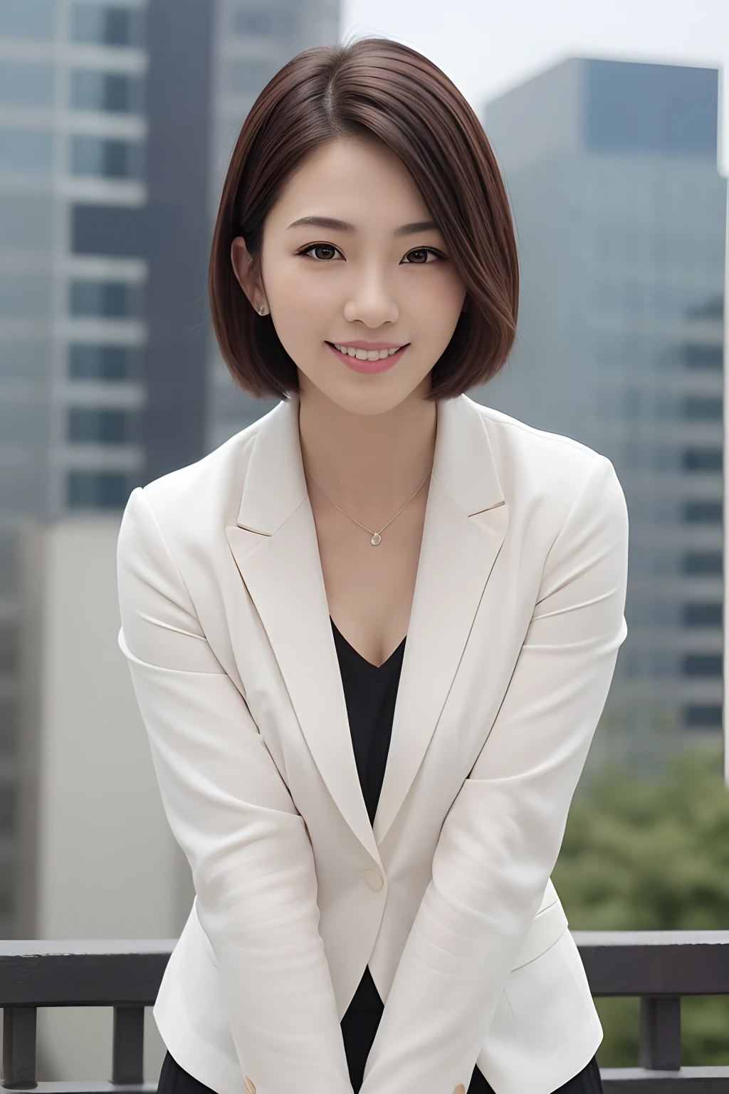 ((Best Quality, 8k wallpaper, masutepiece: 1.3)), 1 Japan Woman, Smile, Realistic photos from upper body to knees, Slim Face, ((short-hair)), White crisp suit on upper body, Super Detailed Face, Detailed eyes, Double eyelids, Blurred background, highrise buildings