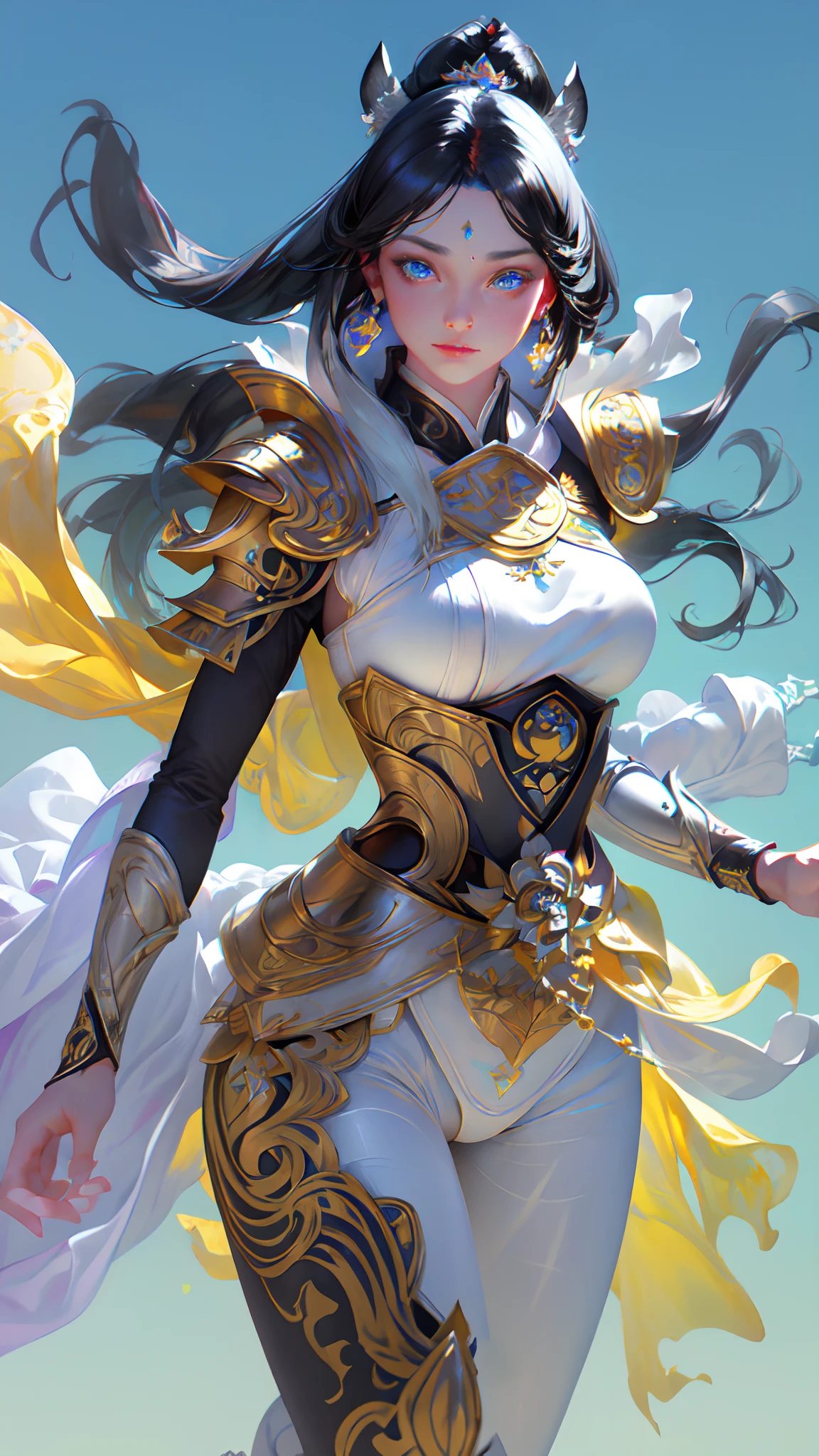 1girl, depth of field, official art, unity 8k wallpaper, ultra detailed, illustration, beautiful and aesthetic, masterpiece, best quality, knight, (big breasts), (milf, mature female), (black armor, armor, breastplate), beautiful face, (long hair, black hair, very straight hair:1.4, hime cut:1.4), blue eyes, cowboy shot, glowing skin, back lighting, athletic figure, muscular female, curvy, wide hips, colorful, looking at viewer, Hyperrealistic, gradient background, dark background, outline, fantasy, from the front, watercolor, traditional media, (chromatic aberration, intricate details)