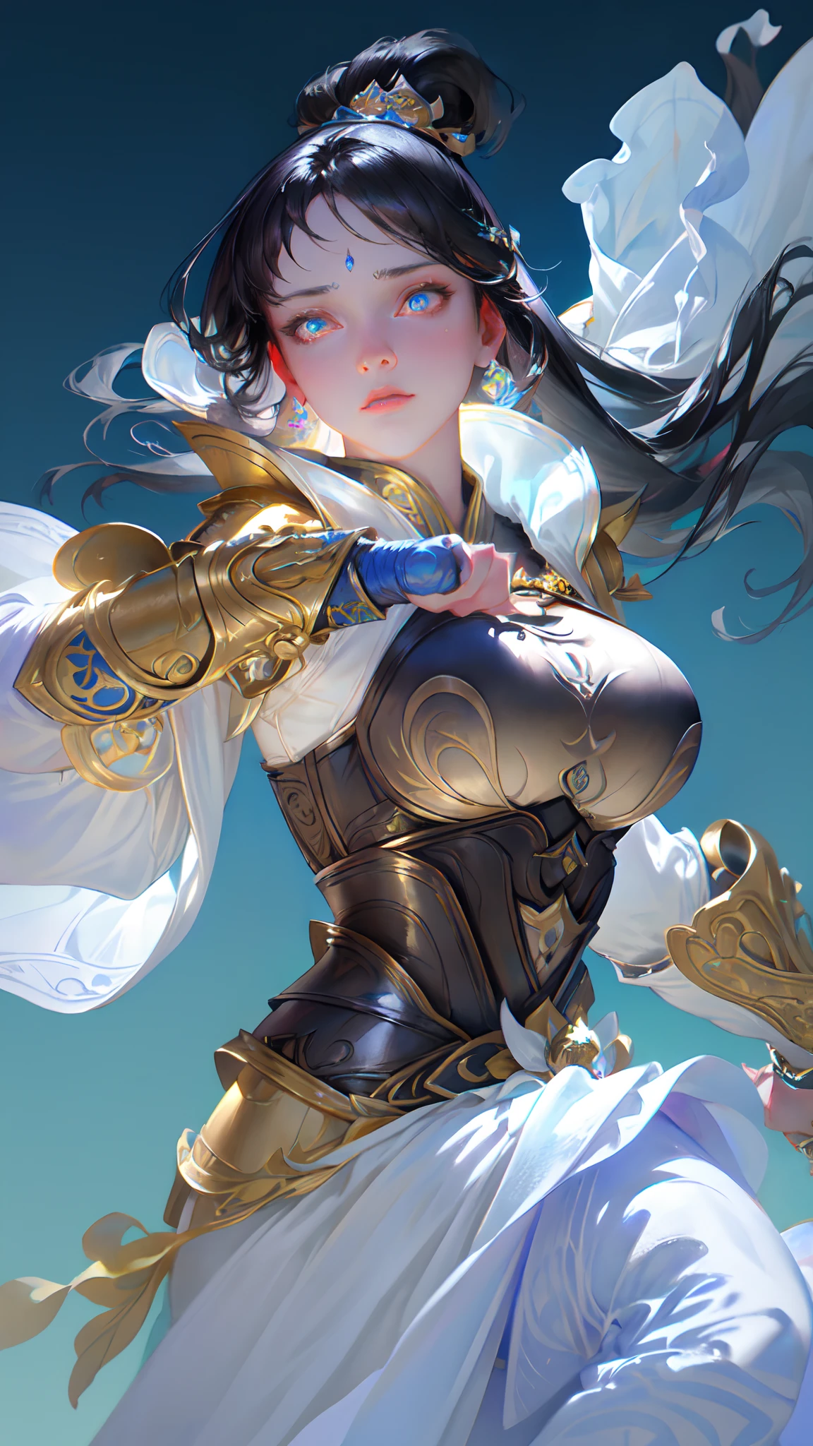 1girl, depth of field, official art, unity 8k wallpaper, ultra detailed, illustration, beautiful and aesthetic, masterpiece, best quality, knight, (big breasts), (milf, mature female), (black armor, armor, breastplate), beautiful face, (long hair, black hair,  very straight hair:1.4, hime cut:1.4), blue eyes, cowboy shot, glowing skin, back lighting, athletic figure, muscular female, curvy, wide hips, colorful, looking at viewer, Hyperrealistic, gradient background, dark background, outline, fantasy, from the front, watercolor, traditional media, (chromatic aberration, intricate details)