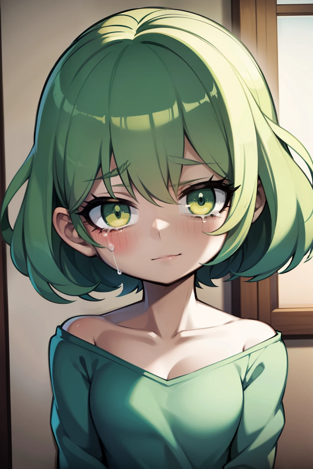 light green haired girl, crying on bed, cold, depression, at night
