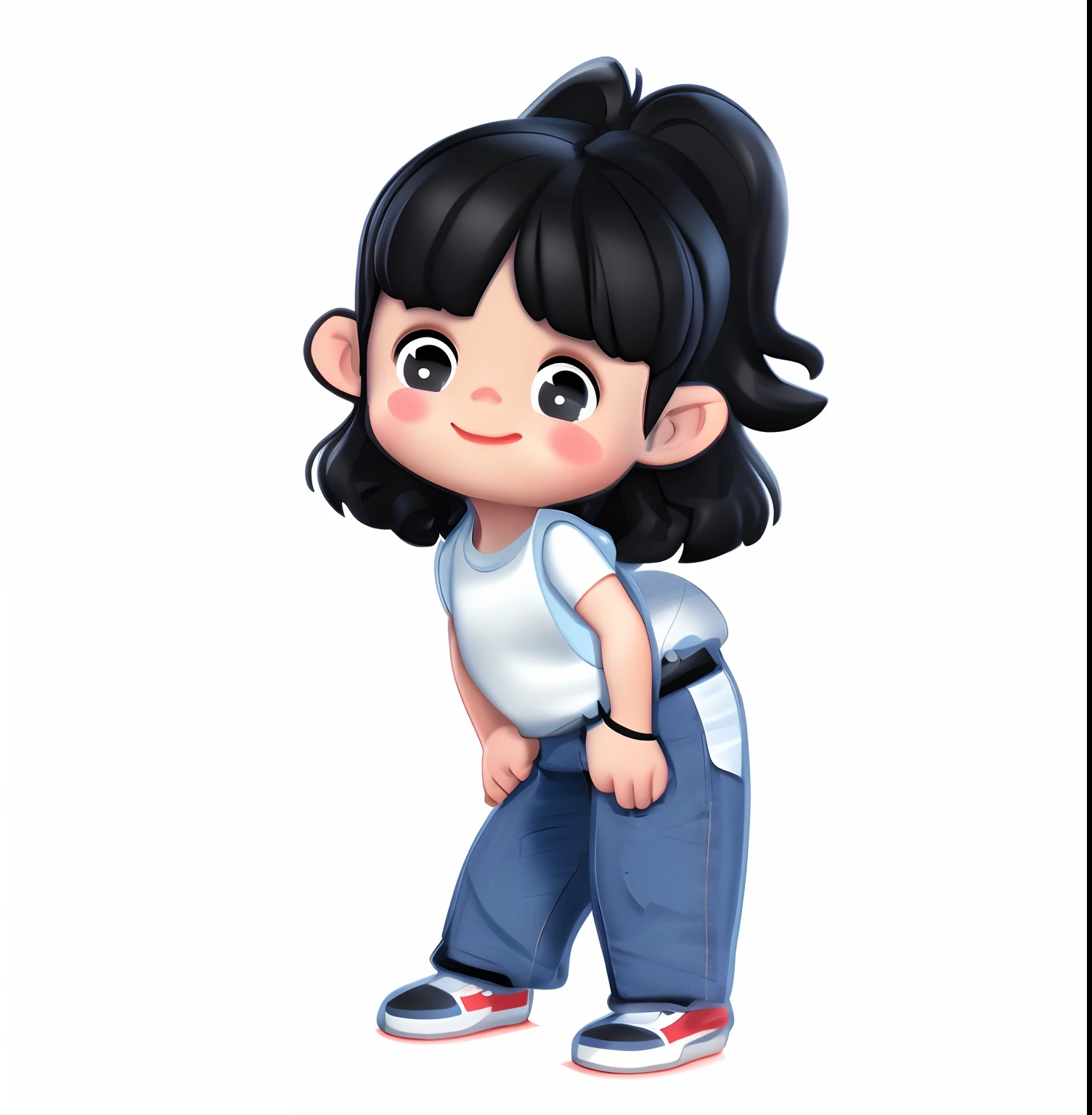 Blind box toy style，a little lovely ??? girl，cute  face，black color hair，Gilet blanc，blue denim pants，White sneakers