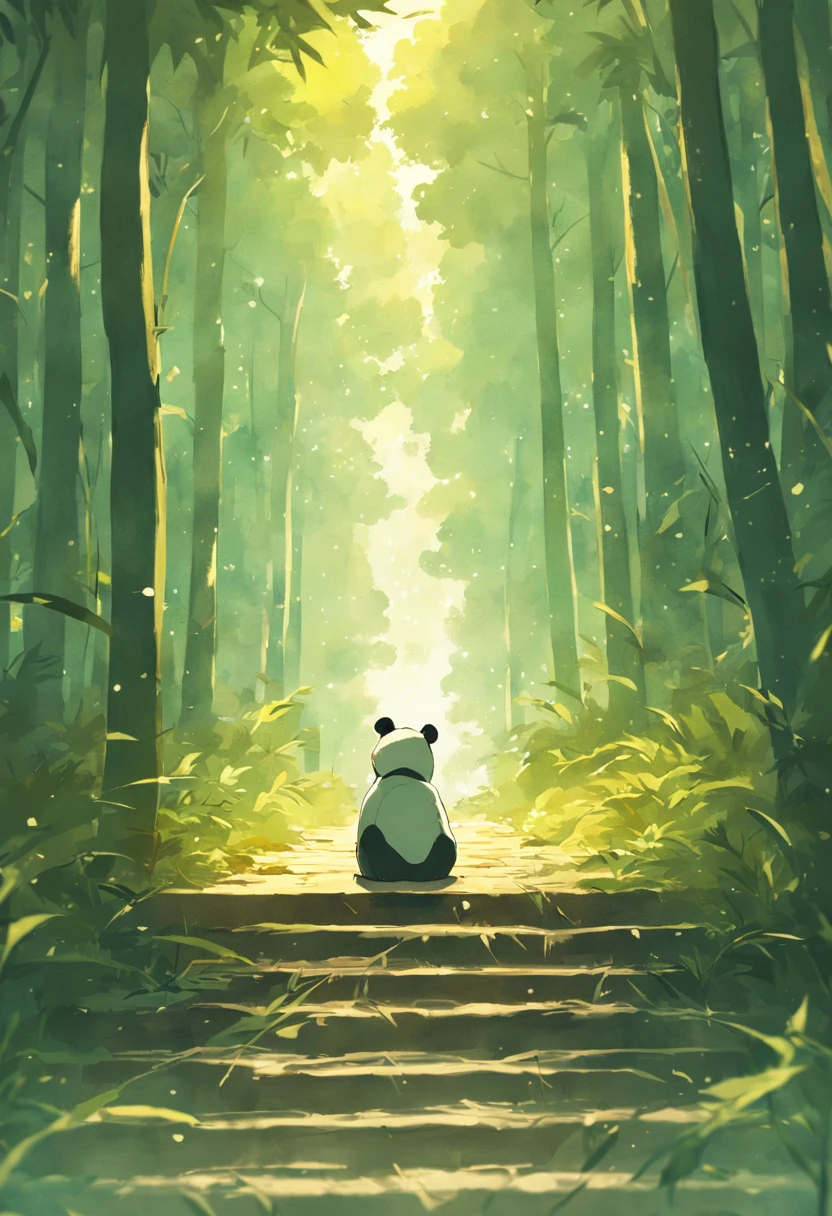 A sad panda sits on a bench, Face away from the camera，Looking Up The Sky，shot from a far distance，tmasterpiece, best qualityer, cinematic Film still from, ，bamboo forrest，movie light effect，Wide-angle environment，Movie Angle，Best quality，rendering by octane，超詳細