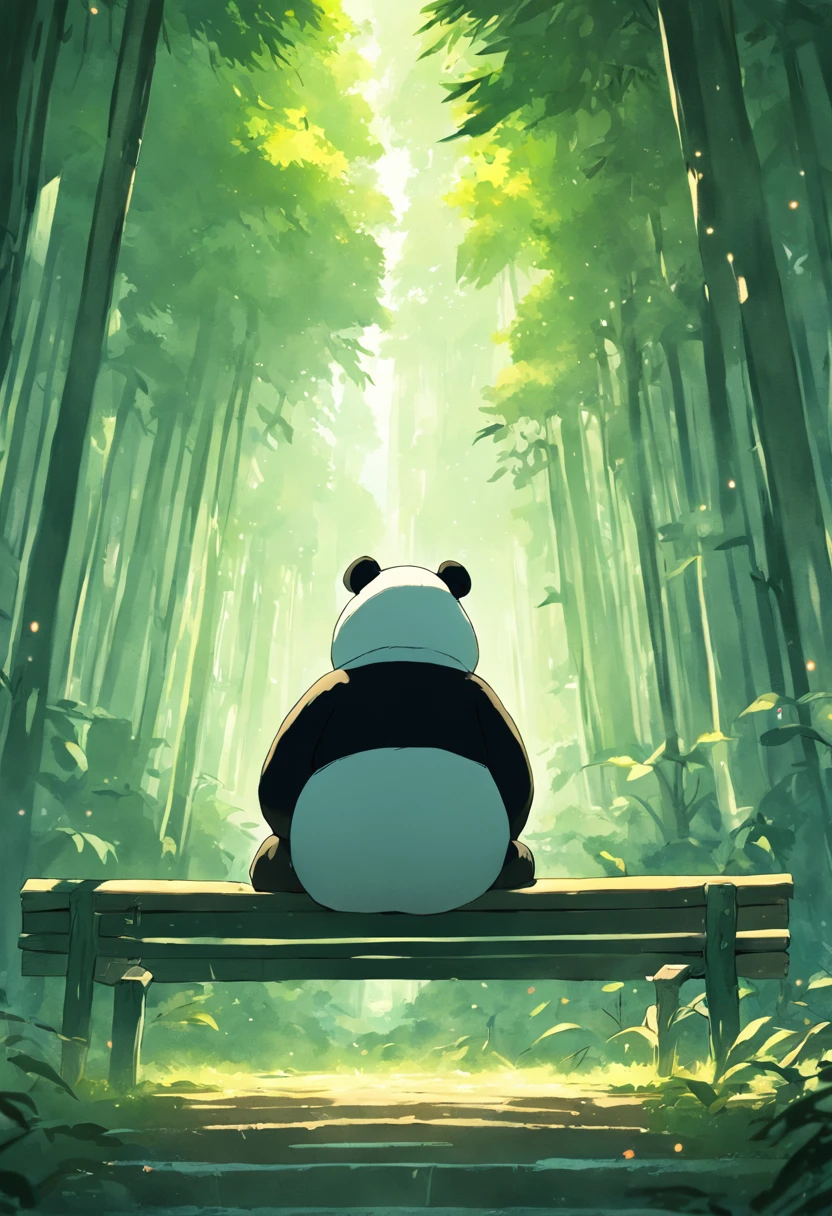 A sad panda sits on a bench, Face away from the camera,Looking Up The Sky,shot from a far distance,tmasterpiece, best qualityer, cinematic Film still from, ,bamboo forrest,movie light effect,Wide-angle environment,Movie Angle,Best quality,rendering by octane,超詳細