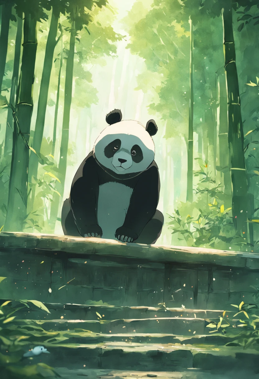 A sad panda sits on a bench, Face away from the camera，Looking Up The Sky，shot from a far distance，tmasterpiece, best qualityer, cinematic Film still from, ，bamboo forrest，movie light effect，Wide-angle environment，Movie Angle，Best quality，rendering by octane，超詳細