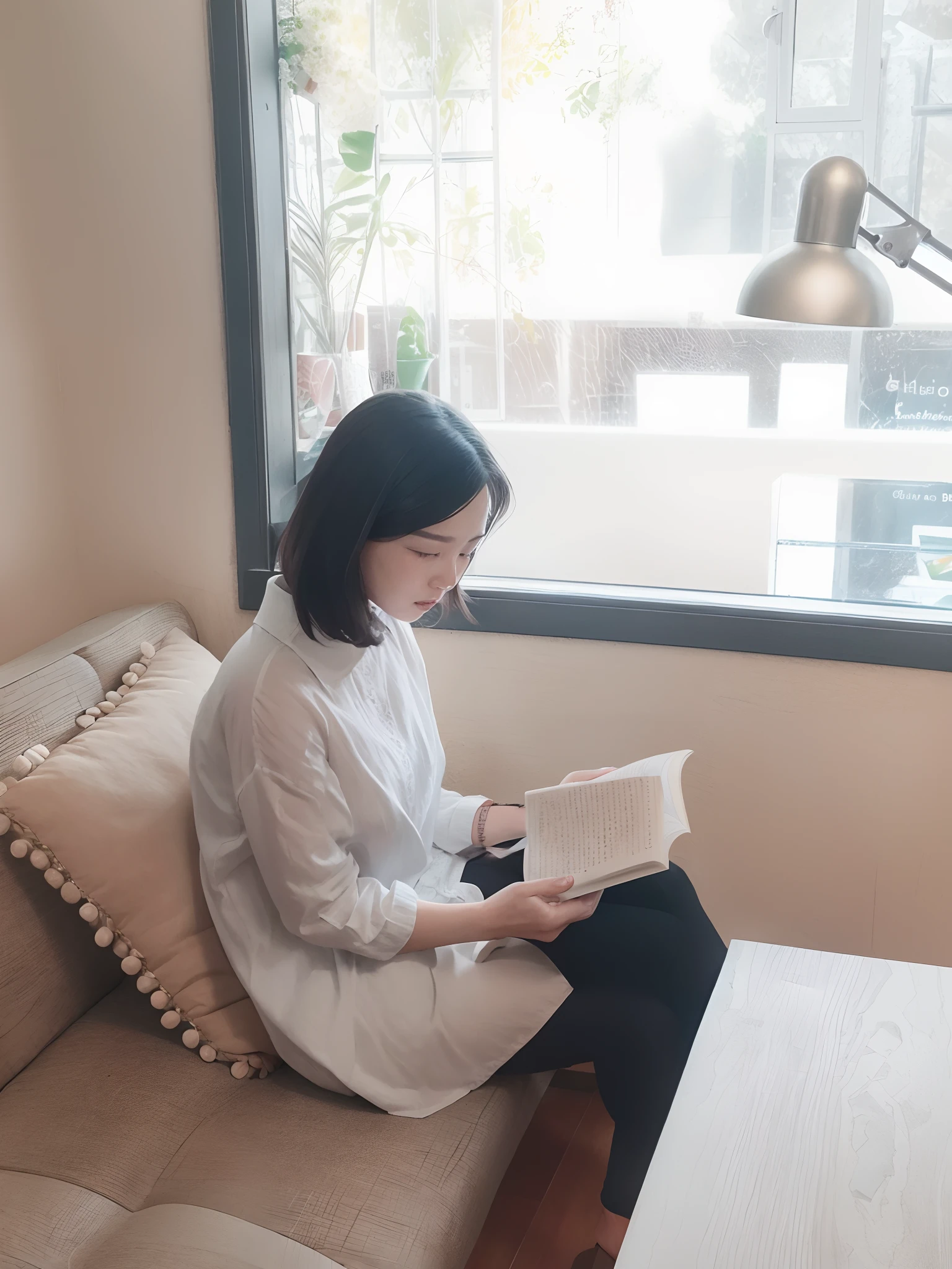 woman sitting on a couch reading a book in a room, reading new book, reading a book, reading, reading in library, studying in a brightly lit room, book portrait, sitting in a cafe alone, author li zhang, sitting alone in a cafe, medium portrait, reading the book about love, li zixin, studying, gemma chen, trying to read
