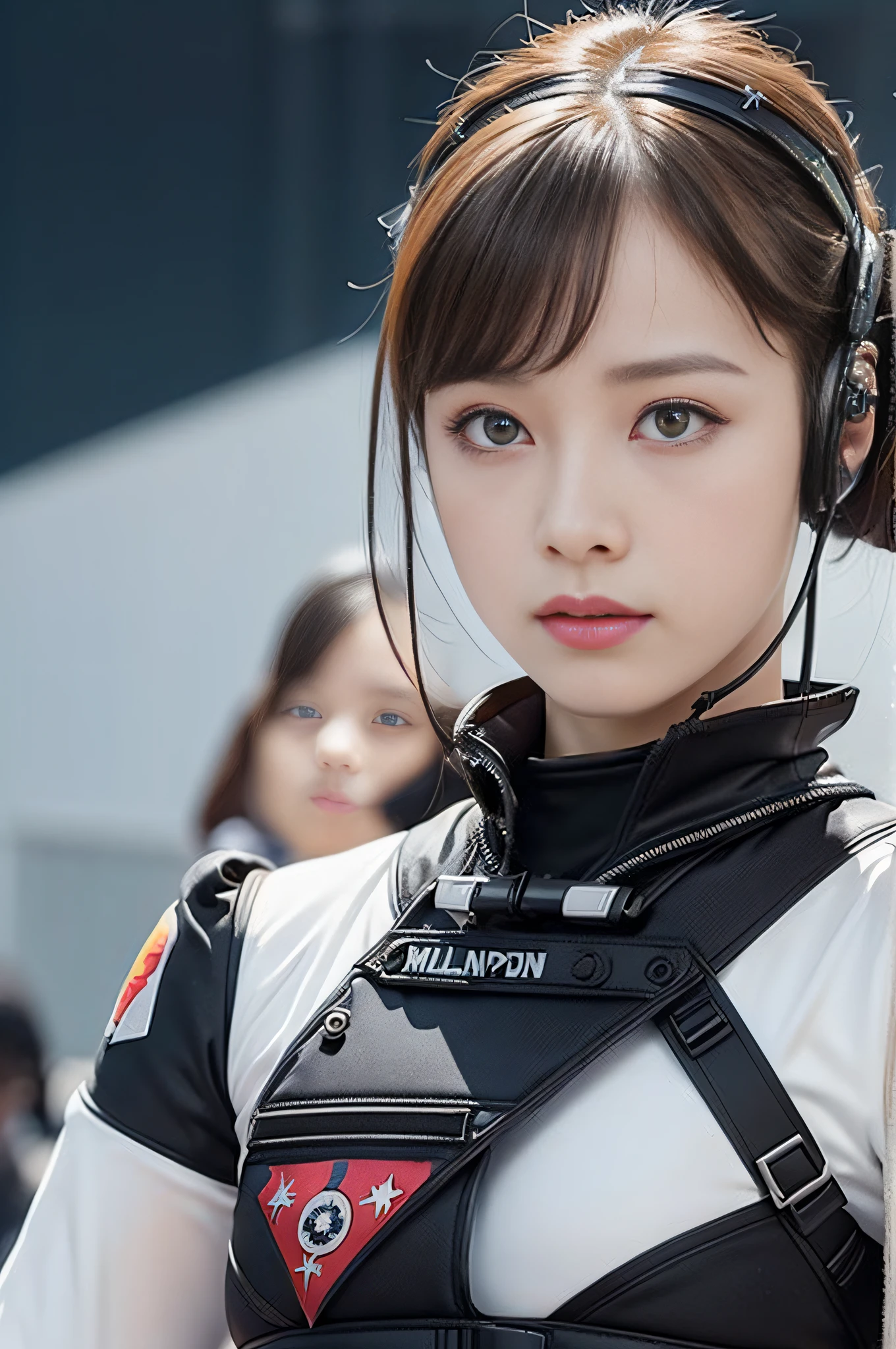 Top Quality, Ultra High Definition, (Photorealistic: 1.4), (close up:1.6, focus on face), 1 Beautiful Girl, (Kpop Idol), Detailed Face, (Hair Color Pink:1, fullbang, updo-style:1), Contrapposto, Perfect Anatomy, Smooth Skin, Professional Lighting, ((wearing Futuristic Police Racing Suits, police wappen, High-tech Headset, military harness, police wappen, racing gloves, machinegun)), ("POLICE", Cloths colors based on silver pink black white), (background, crashed cars, fire, (Explosion)),