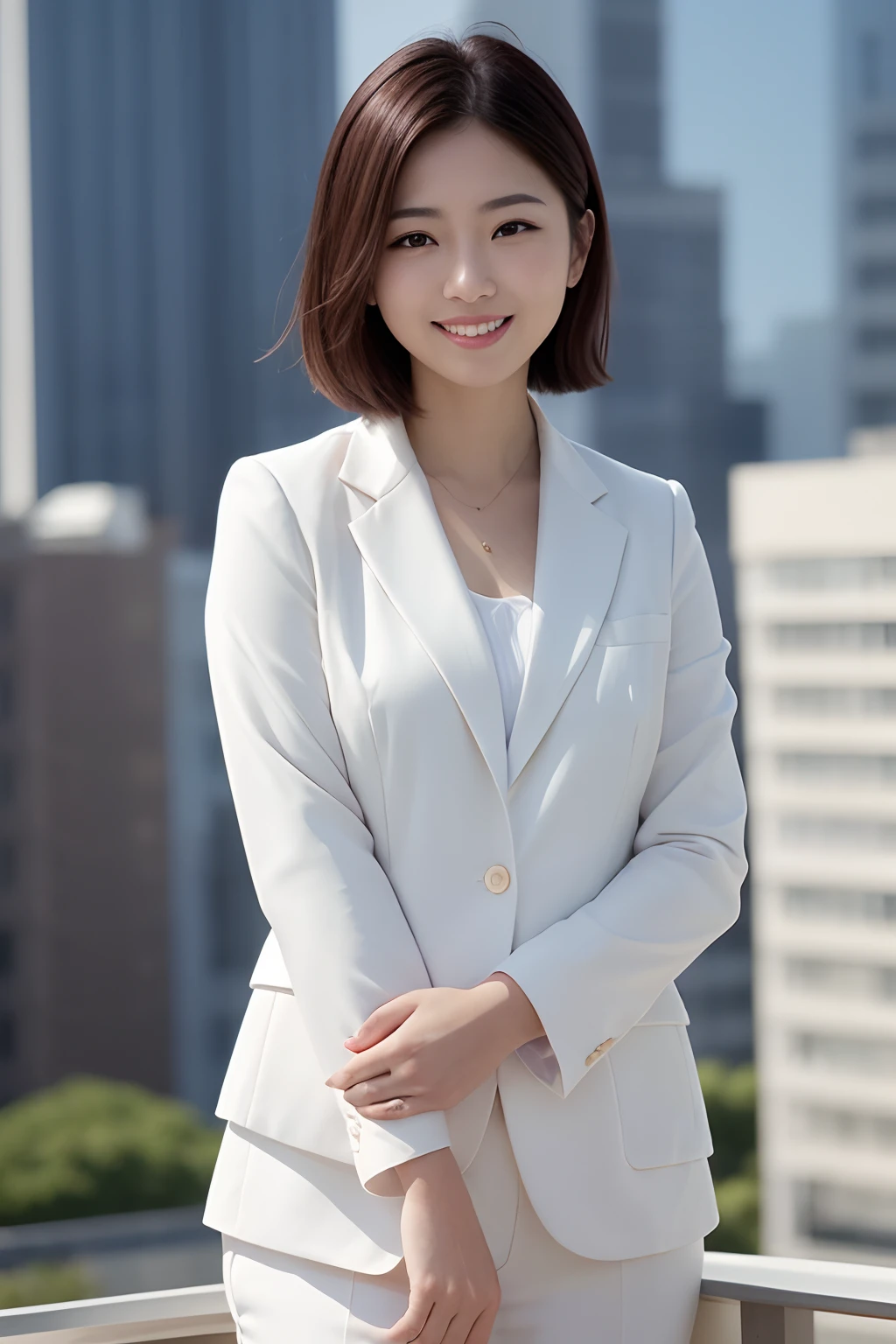 ((Best Quality, 8k wallpaper, masutepiece: 1.3)), 1 Japan Woman, Smile, Realistic photos from upper body to knees, Slim Face, ((short-hair)), White crisp suit on upper body, Super Detailed Face, Detailed eyes, Double eyelids, Blurred background, highrise buildings