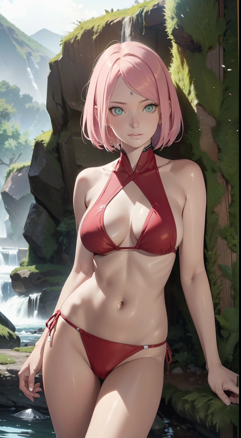 ，Kirschblütenwald, (Hohe Detailgenauigkeit:1 1), Raues Gesicht, natural skin, High quality, NSFW, Naruto Sakura，Ein rosahaariger，kurzes, detailliertes Haar，green eyes，（big boobs:1.2），（Schulterfreie Kleidung:1.5），Auslaufen aus der Schulter，（Bikini:1.5），（smil:1.2），Rot im Gesicht sein，（Spaltung:1.4），sexy Figur，Perfect body，Bikini with holes，gorgeous eyes, (detailliertes Gesicht und Augen), (Das Gesicht: 1 2), Noises,extra, Echtes Foto, ..................PSD, Lampenfilm-Fotografie, Scharfer Fokus, Kontrastreiche Beleuchtung, Empfindliche Haut, High Resolution 8K, Wahnsinnige Details, realistisch, Professionelles Fotoshooting, 8K UHD, Spiegelreflexkamera, Sanfte Beleuchtung, High quality, filmgrain, Fujifilm XT3，Zauberei，Partikel-FX,wet bikini,man sieht die nippel