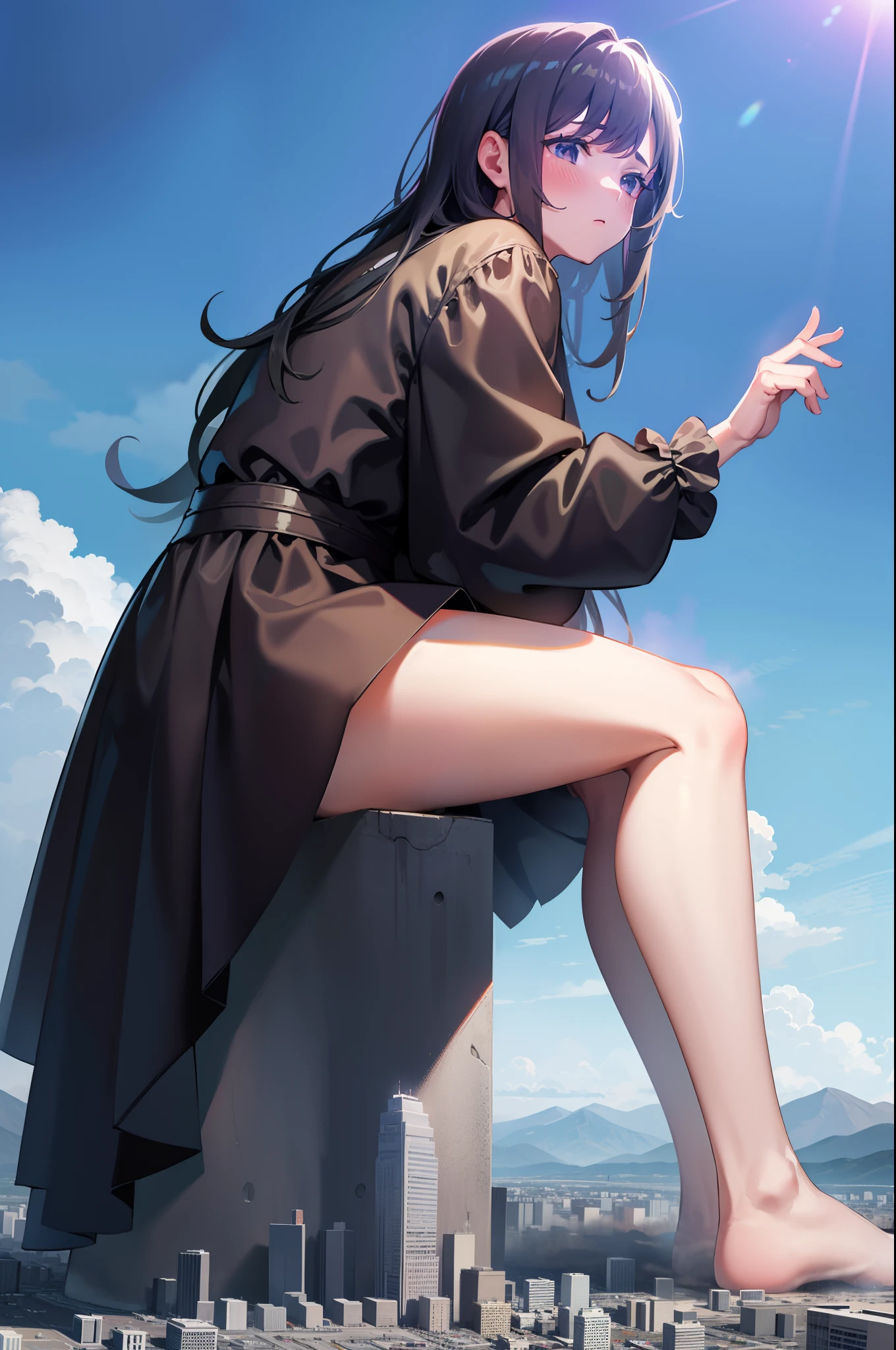 1 girl, sitting on the ground, surrounded by clouds, in a musty atmosphere, within a shrunken cityscape, with towering mountain ranges in the distance, captured from a low angle, barefoot, with the GTSGiga building looming and stepping.
