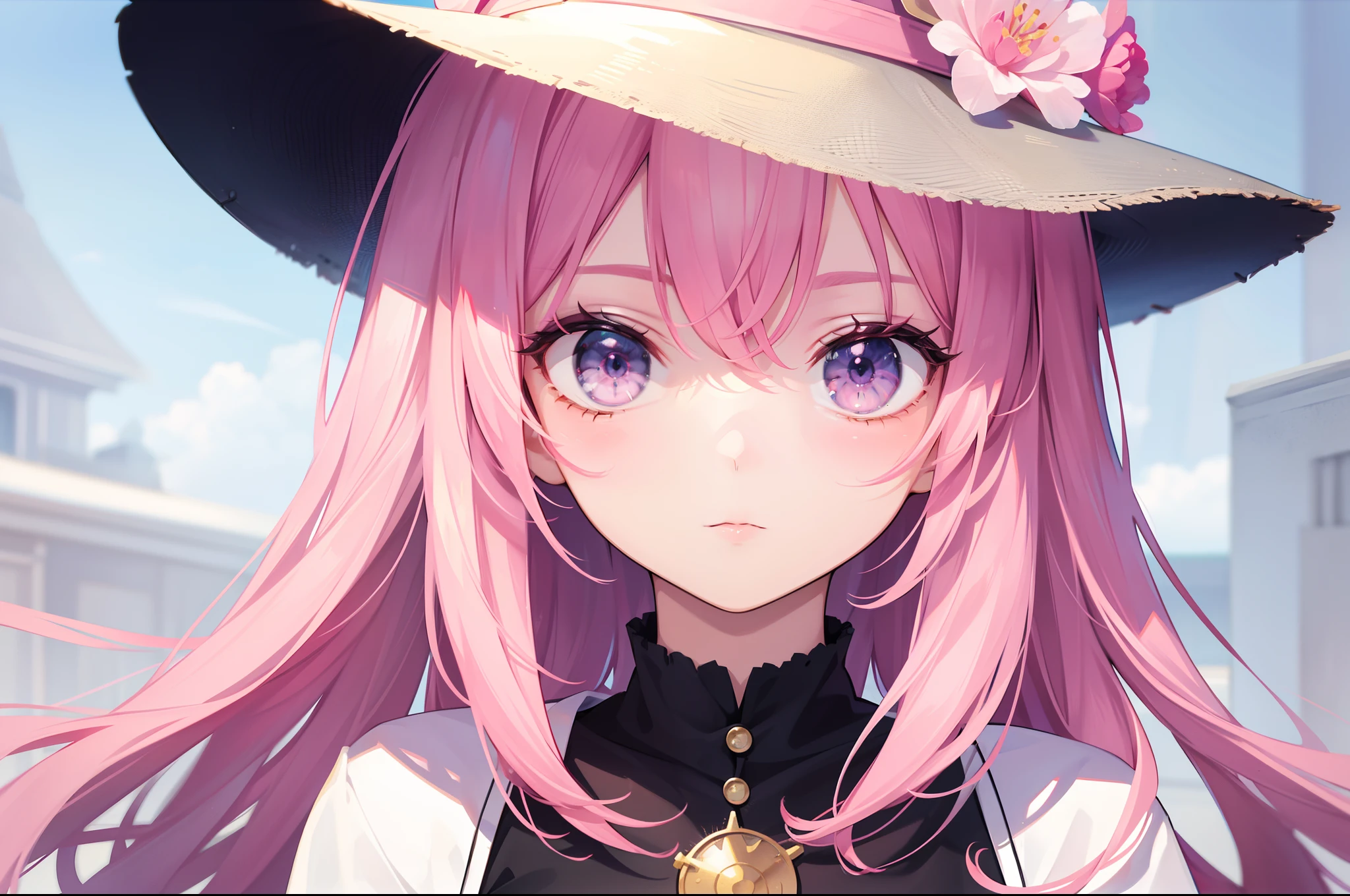 The image displays an animated, vivid woman with distinctive pink hair. In line with the animation genre, she has a uniquely designed face complemented by a sun hat.