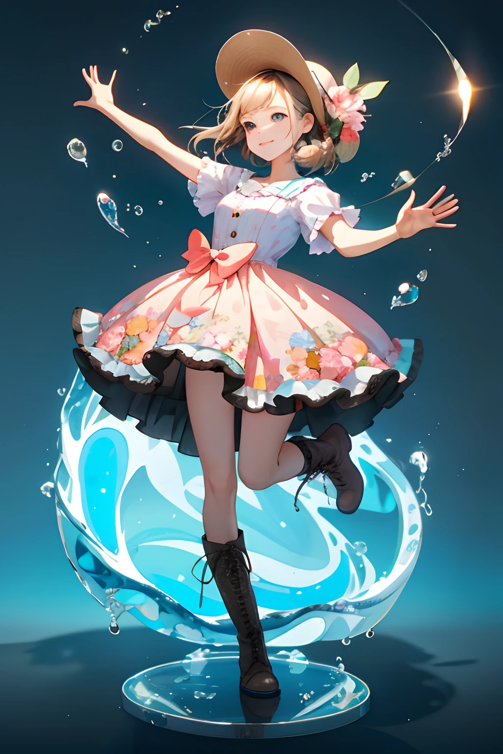 a Super cute girl ,Wearing a floral dress,Wearing boots,Wearing a hat and earphones,big watery eyes,full body,looking at viewer,open hands,MD clothing, clothing wrinkles,clean background,dreamy,excited,super cute girl IP by pop mart ,high detail ,hyper quality,Bright color,mockup blind box toy,disney style ,fine luster,3D render,oc render,best quality ,bright,front lighting,Face Shot,fine luster,ultra detoiled ,8k,