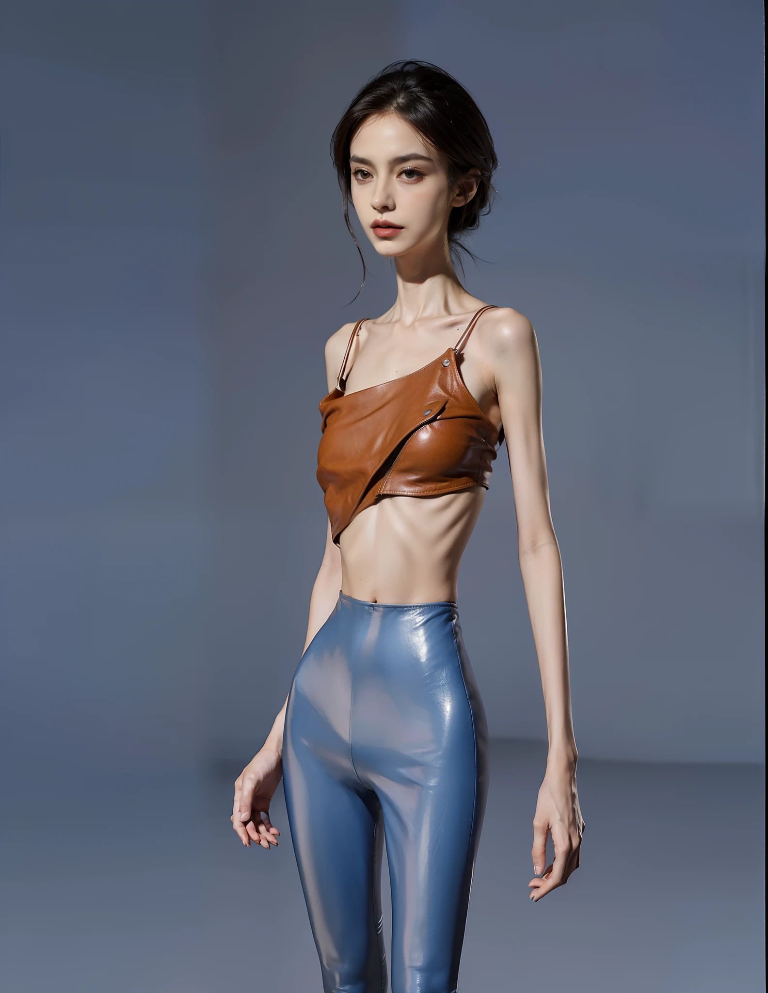 flatchest,Skinny,The ribs are obvious,hunger,Protruding pelvis,Thin,The collarbone is prominent,Extremely thin figure,tight leather pants,tight leather clothes,big breasts thin waist,Thin leg,femele